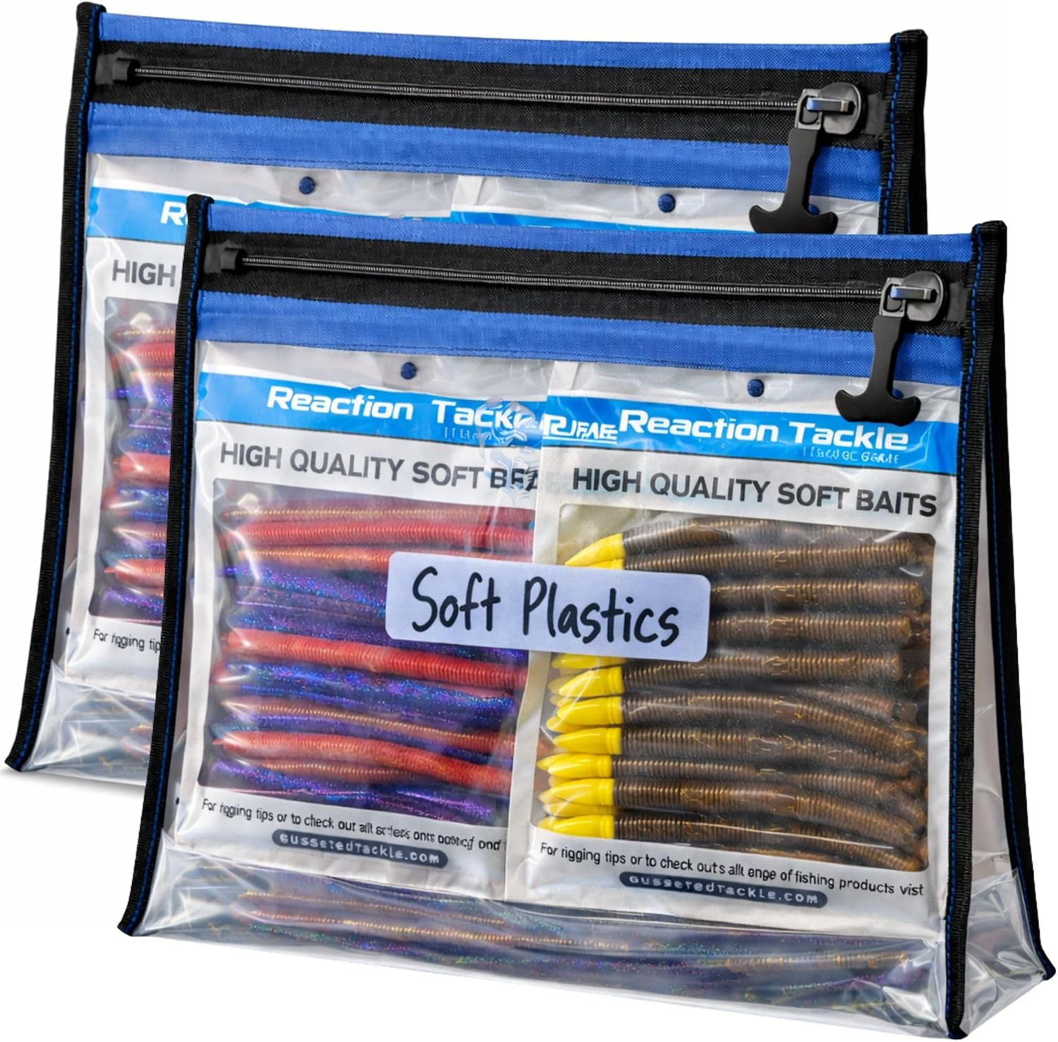 Reaction Tackle Waterproof Clear Tackle Bags, Dive Rated Zipper Submersion Proof Storage for Soft Plastics and Lures, Gusseted and Flat for Boats and Kayaks, 14×9 in Gusset, 2-Pack