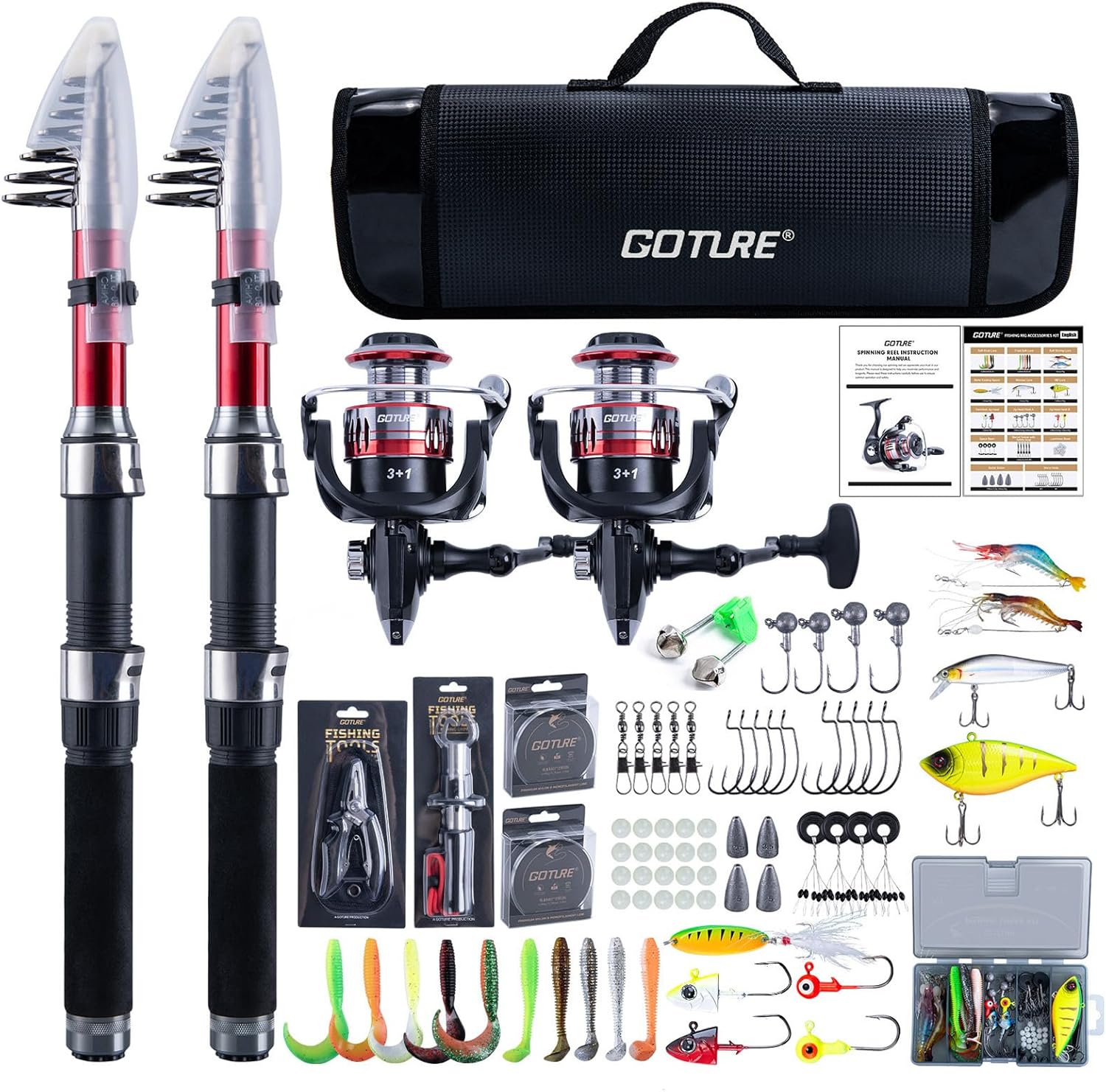 Goture Fishing Rod and Reel Combos-2PCS Telescopic Fishing Pole+2PCS Spinning Reels with Carrier Bag,2.1M Telescopic Rod Reel Kit for Starter Travel Saltwater Freshwater,Gifts for Men