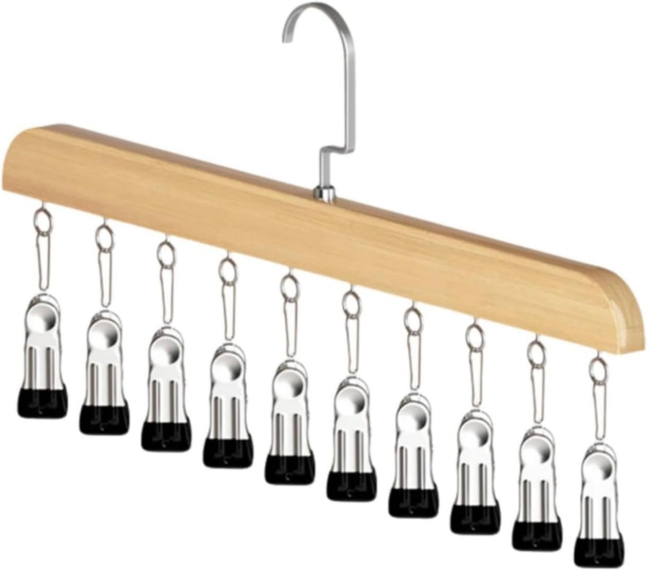 Hanging Closet Organizer with 10 Clips, Space Saving Closet Storage for Hats, Scarves, Socks, Jeans, Skirts & Pants, Multi-Purpose Clothes Hanger with Clips (2 PCS, Wood)