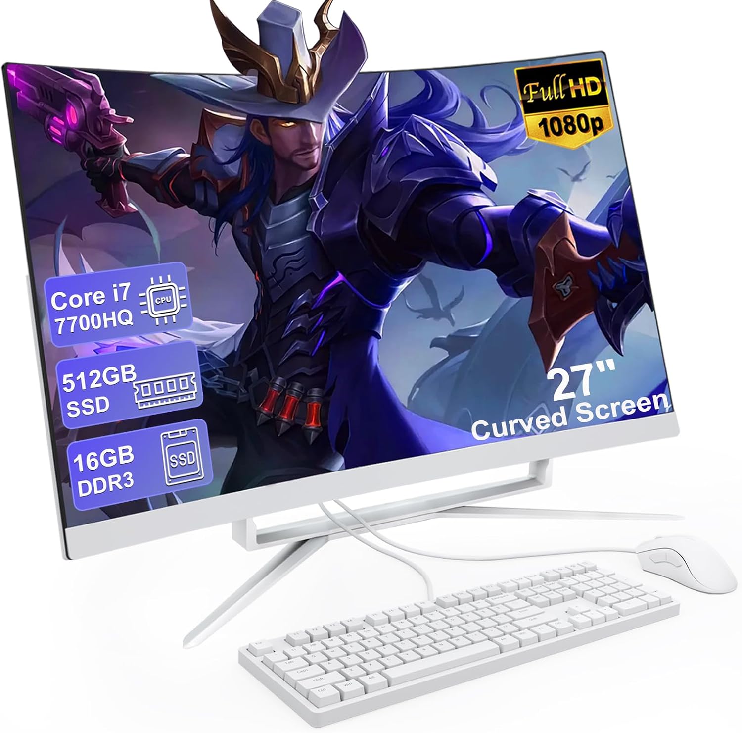 All in One Desktop Computer 27 Inch Curved FHD (1920x1080P) All in One PC with Core i7 CPU 16GB DDR 512GB SSD WiFi6 Bluetooth 5.3 Includes Wired Mouse and Keyboard, for Students and Office