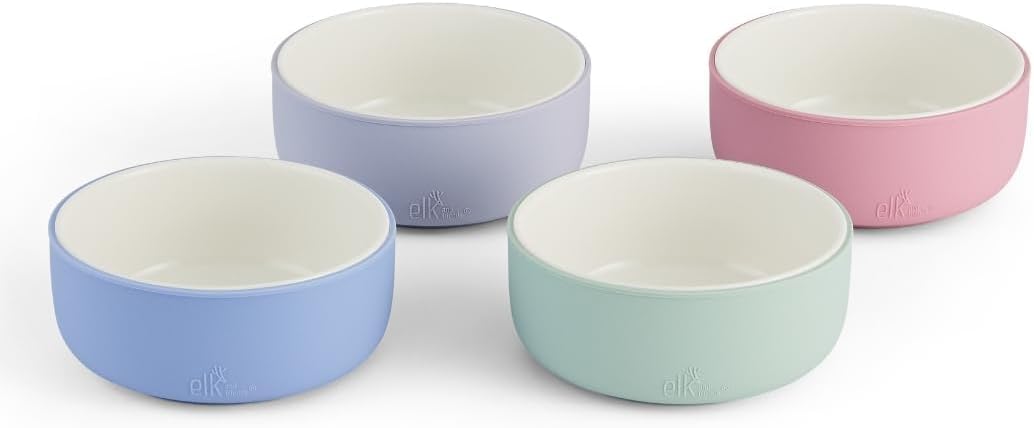 Elk and Friends Kids Porcelain Bowls with Silicone Sleeves | Suitable for Babies/Toddlers | Microwave & Dishwasher Safe | Non Slip Dinnerware | Snack Dishes | 4 Pack