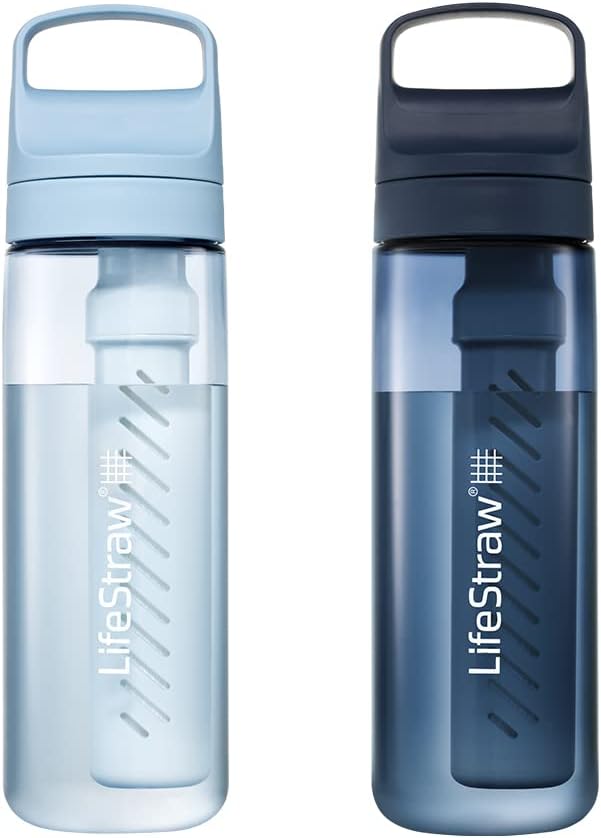 LifeStraw Go Series — Water Filter Bottle 2-Pack for Travel and Everyday Use Removes Bacteria, Parasites and Microplastics, Improves Taste, 22 oz 2-Pack, Icelandic Blue and Aegean Sea