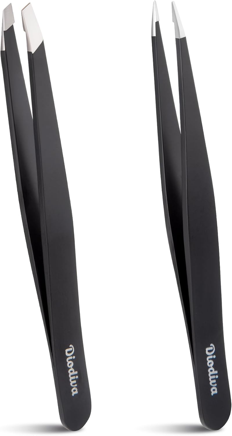 2-Pack Tweezers for Eyebrows, Facial Hair, Ingrown Hair Removal, Slant and Point Tip Tweezer Set for Women and Men, Professional Stainless Steel Precision Eyebrow Plucking Grooming with Case – Black