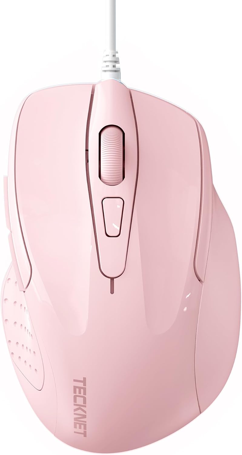 TECKNET Wired Mouse, 6-Button Corded with 4 Adjustable DPI, Optical Ergonomic Design, 5FT Cord for Laptop, Chromebook, PC, Desktop, Mac, Notebook – Pink