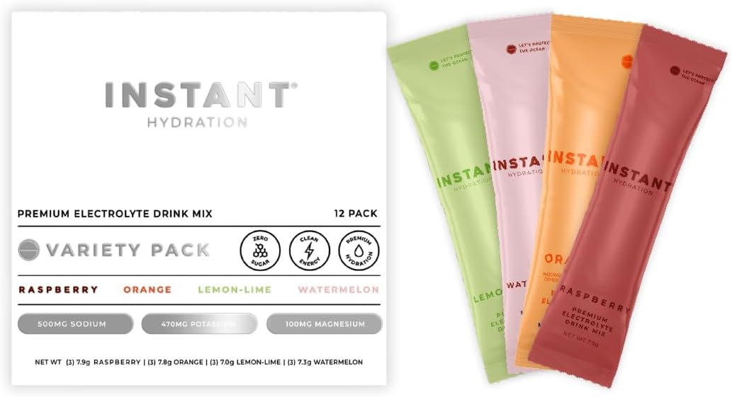 Instant Hydration Electrolytes Powder Packets – Variety Pack – Zero Sugar – Keto, Vegan, Gluten-Free, Non-GMO – Boost Recovery, Brain Function, Muscle & Tissue Health – 12 Sticks