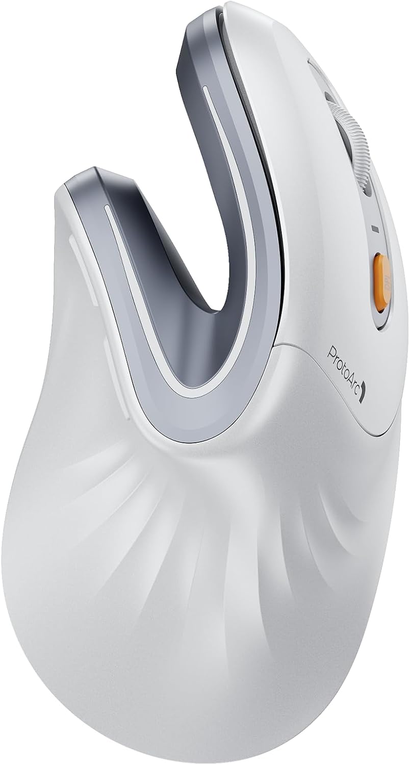 ProtoArc EM11 NL Wireless Ergonomic Vertical Mouse, White | 58° vertical design supports a natural wrist posture; connect 3 devices via Bluetooth/2.4G USB-A; 500mAh USB-C rechargeable.