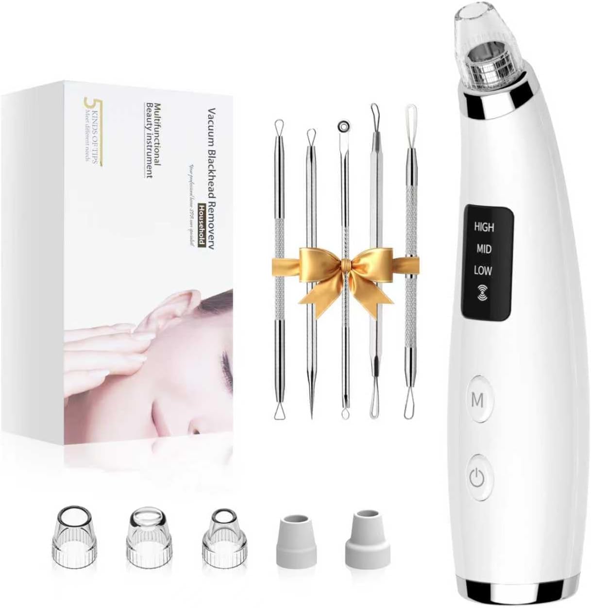 Blackhead Remover Pore Vacuum – Facial Pore Cleaner with 3 Adjustable Suction Levels, 5 Probes – Rechargeable Blackhead Extractor Tools for Women & Men (White)