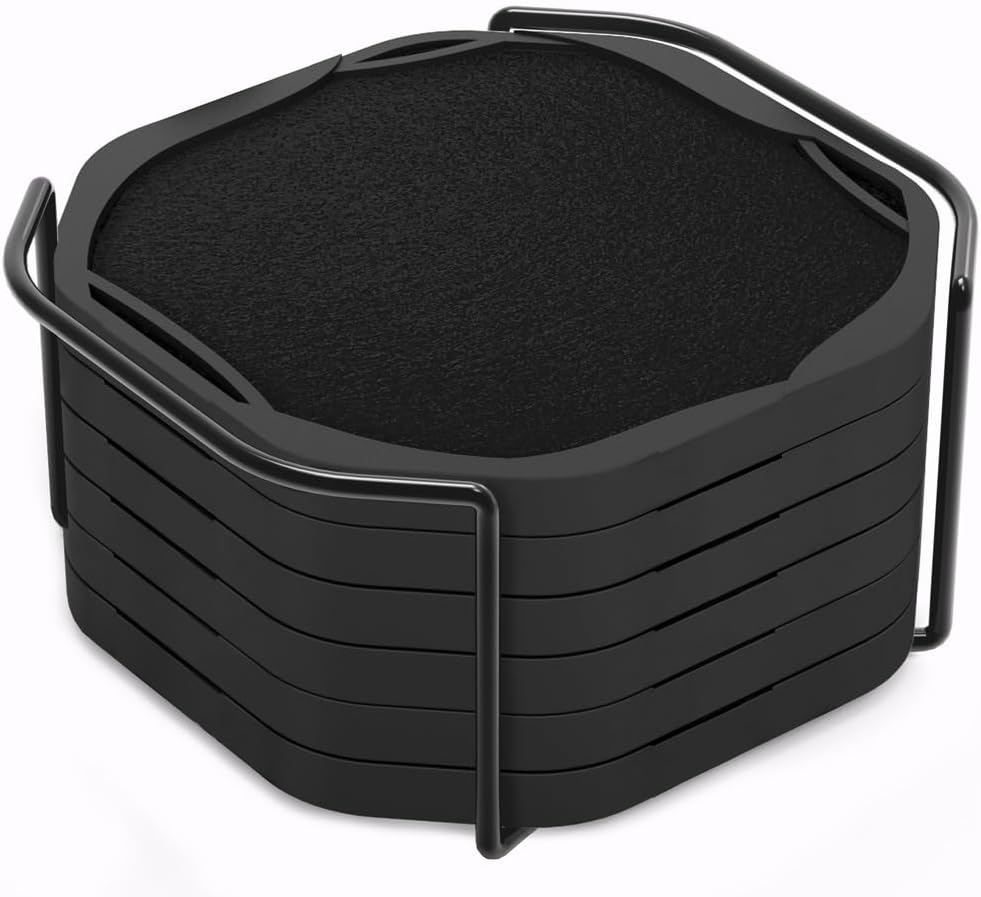 UMIRRO Black Octagon 4″ Felt & Silicone Drink Cup Coasters Set of 6 with Holder – Super Absorbent, Built-in Leak Protection, Non-Stick, Modern Coasters for Coffee Table, Desk & Home Decor