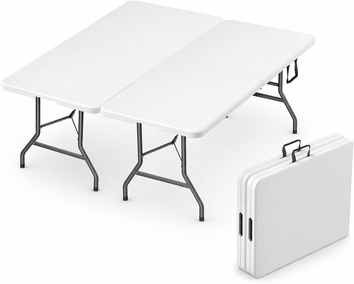 2 Pack of 6 Feet Foldable Table with Built in Handle & Steel Legs | Heavy Duty Portable | Perfect for Party, Dining, Wedding, Events, Picnic Indoor, Outdoor, Camping, Utility, Temporary