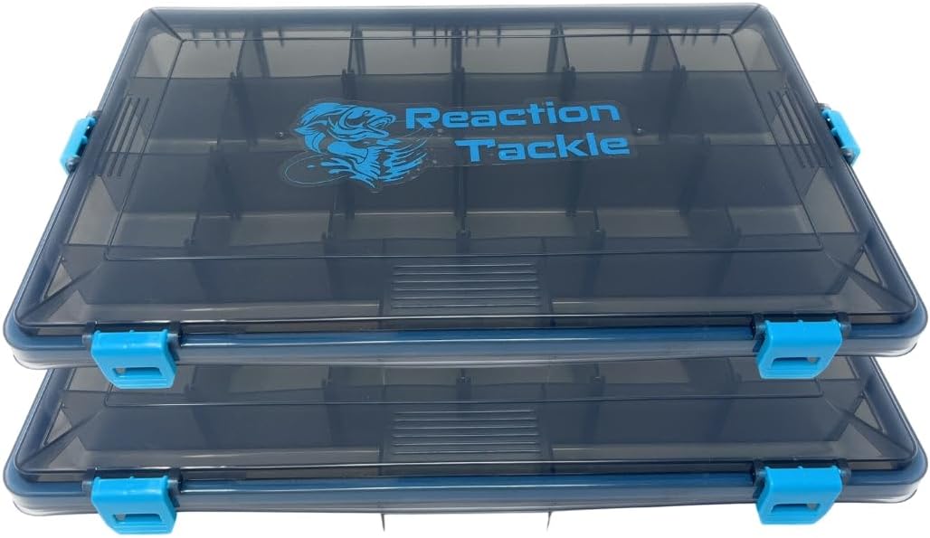 Reaction Tackle Standard Tackle Trays, Plastic Tackle Box Organizers with Four Secure Latches, Removable Dividers and Semi Transparent Lid for Fishing Storage – 3700 (2-Pack)