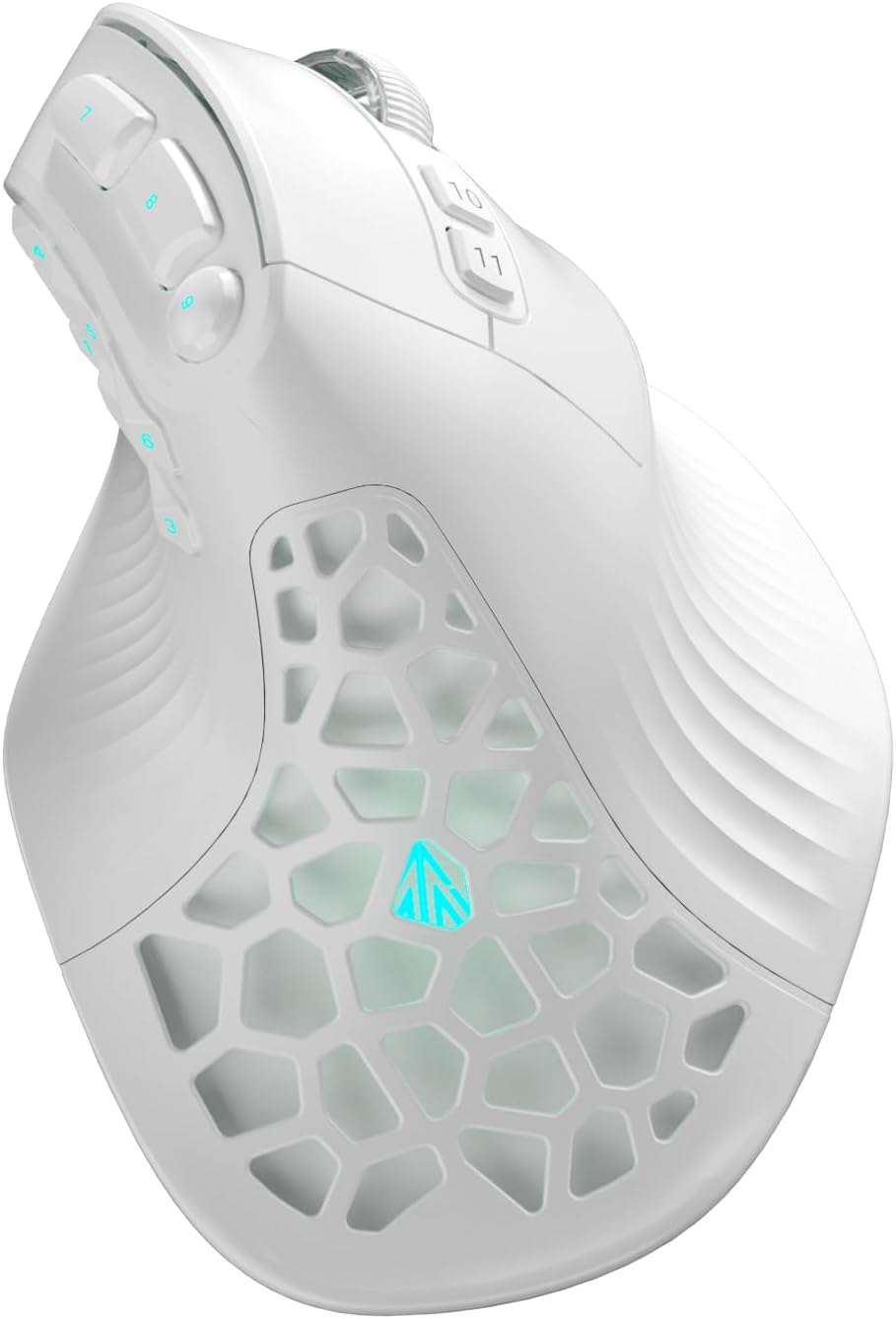 SOLAKAKA E9 Vertical MMO Gaming Mouse,24800 DPI,Tri-Mode Ergonomic Wireless Mouse with 10 Side Buttons,RGB Mouse for PC/Mac – White