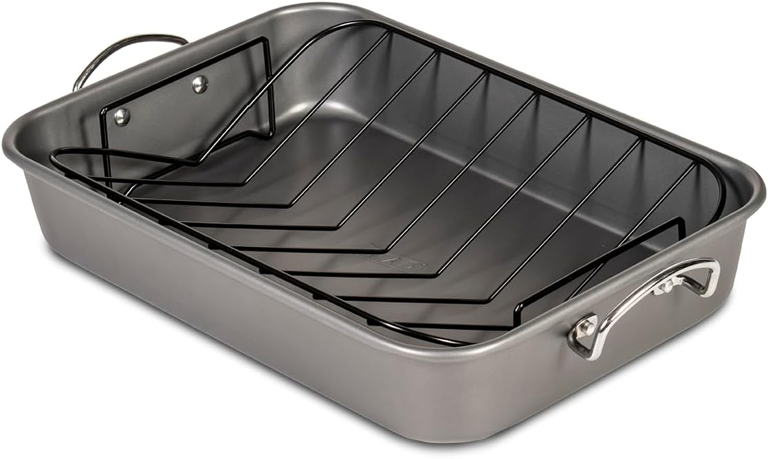 Glad Roasting Pan Nonstick 11×15 – Heavy Duty Metal Bakeware Dish with Rack – Large Oven Roaster Tray for Baking Turkey, Chicken, and Veggies
