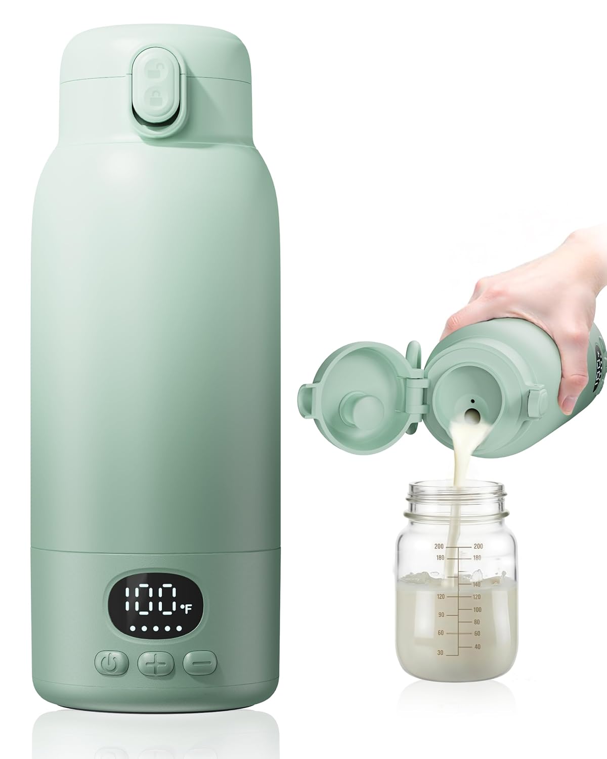 Portable Bottle Warmer – Dual Heating Modes for Breast Milk & Water, 17 Ounces, Fast Heating, Long Lasting Battery, Ideal for Travel, Outdoor, Baby Shower, Light Green