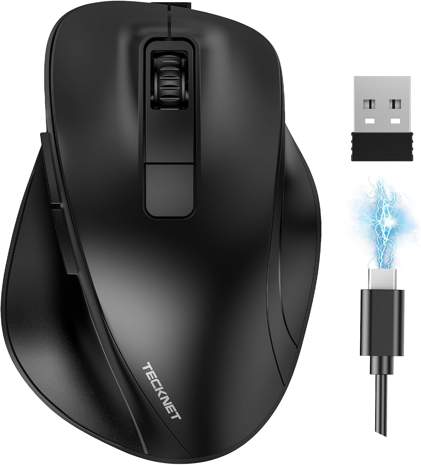 TECKNET Wireless Mouse, Bluetooth Mouse (BT5.0/3.0 & 2.4G) Rechargeable 4800 DPI Silent Mice, Computer Mice with USB A Receiver,Ergonomic Grips Optical Cordless Mice for Laptop/Mac/PC,Black