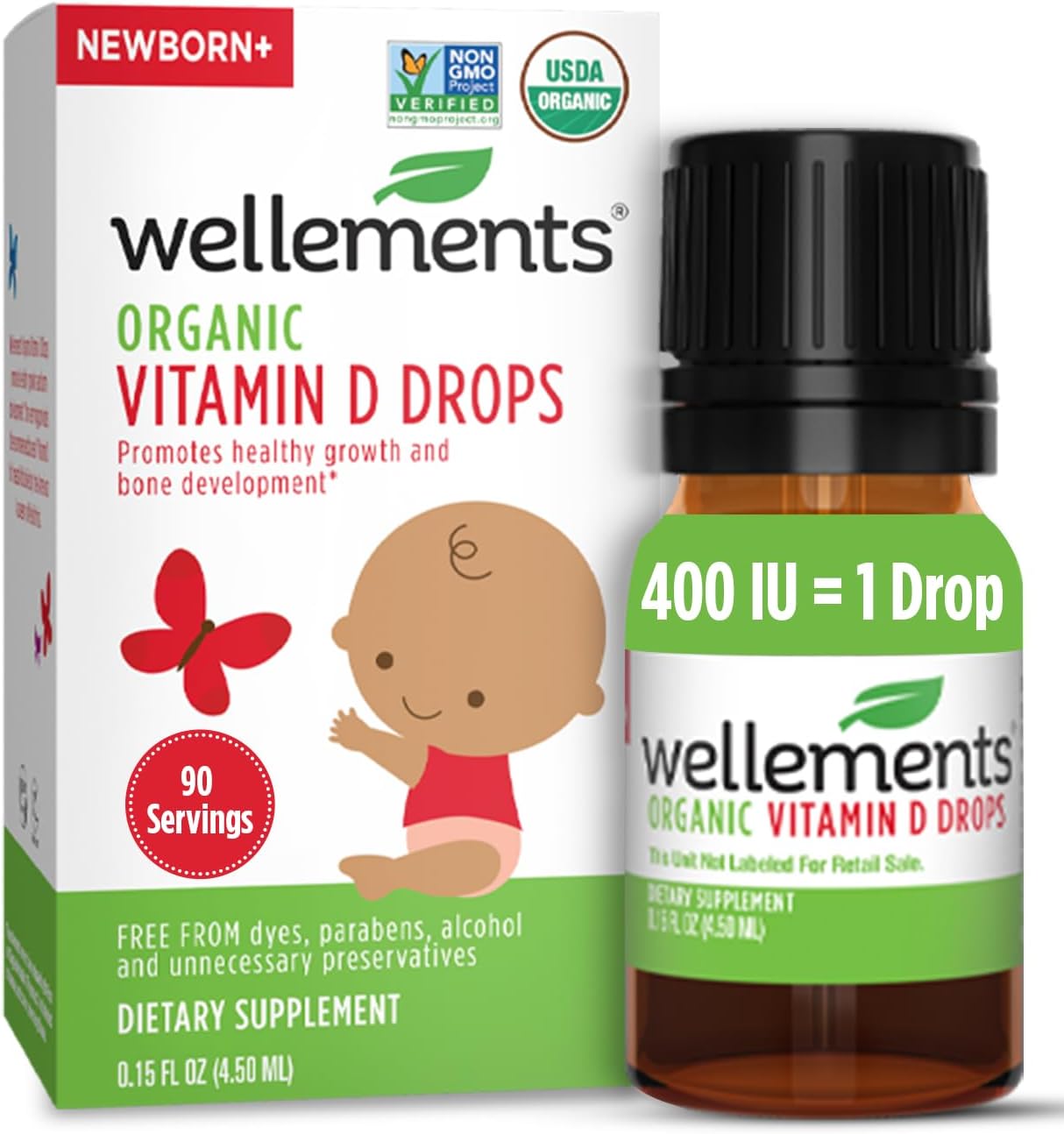 Wellements Baby Organic Vitamin D Drops for Infants & Toddlers (90-Day Supply) – Certified Newborn+ Liquid Vitamin D3 Drops, Support Healthy Growth & Bone Development 400 IU per Drop (1 Drop Daily)