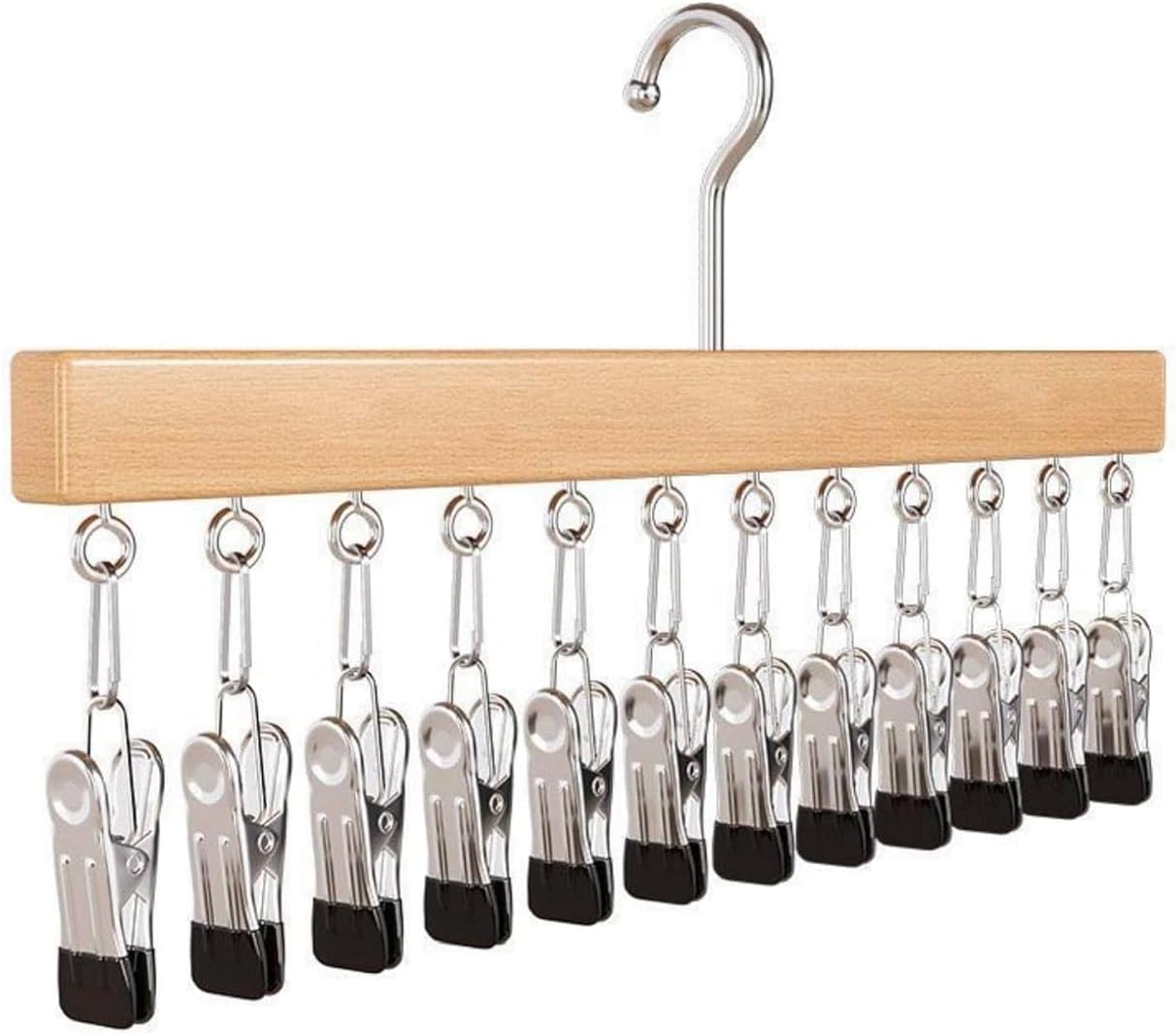 Hanging Closet Organizer with 12 Clips, Space Saving Closet Storage for Hats, Scarves, Socks, Jeans, Skirts & Pants, Multi-Purpose Clothes Hanger with Clips (1 PCS, Wood)
