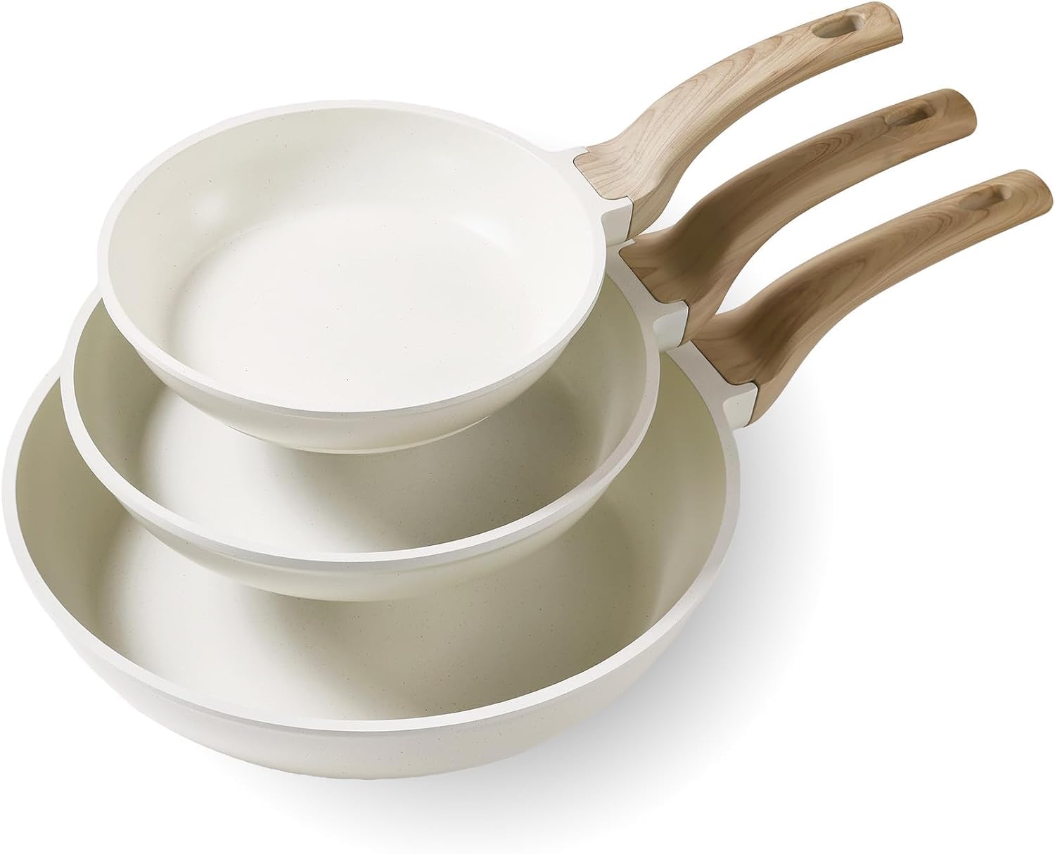 CAROTE 3Pcs Cream White Non Stick Skillet Set, Cream White | Non Toxic Granite Frying Pan with Heat-Resistant Handle, All Stovetops Compatible, PFOA-Free, 8″+10″+12″