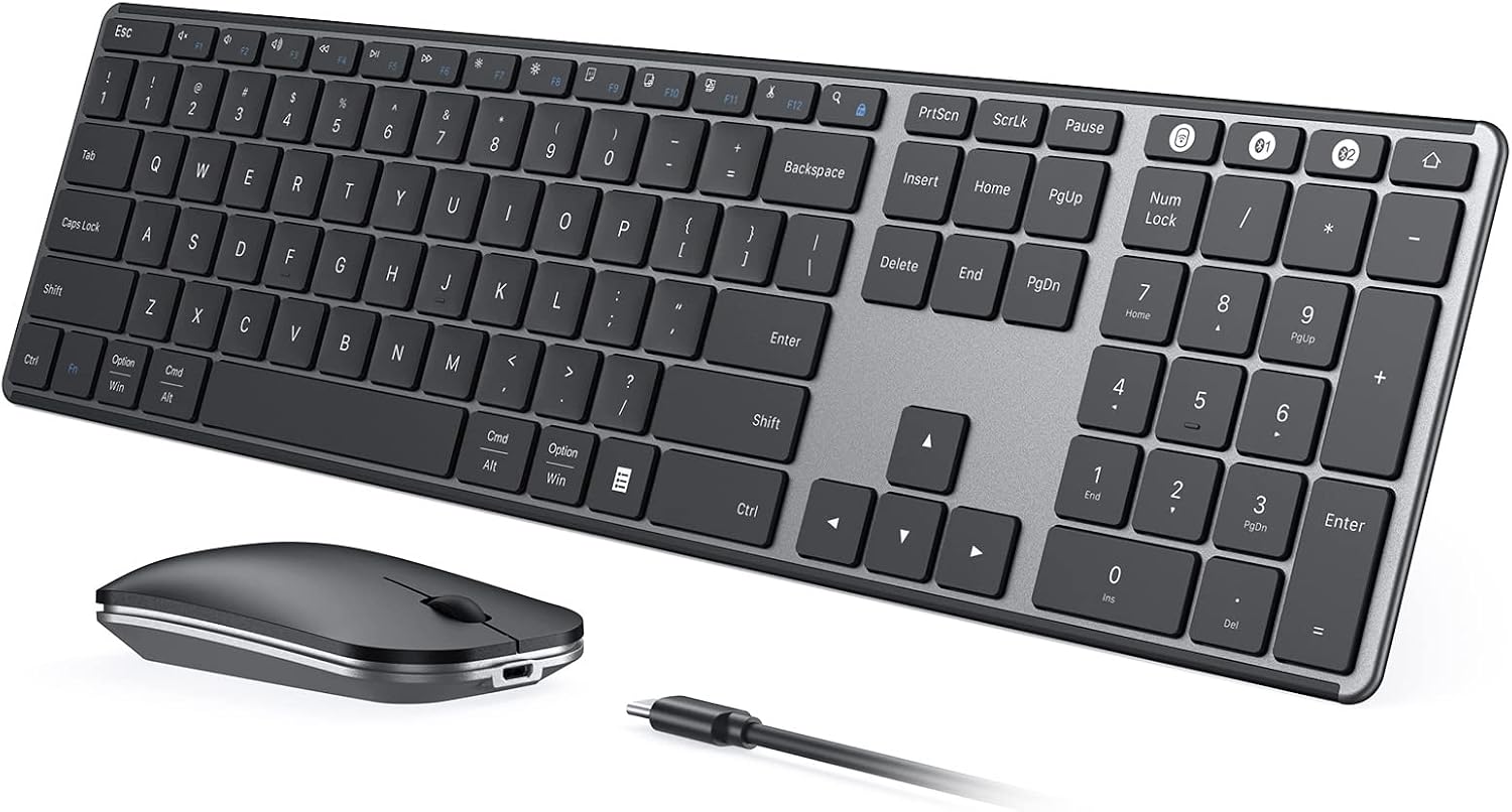 seenda Wireless Bluetooth Keyboard and Mouse Combo, SKM64-3 Rechargeable Slim Quiet Keyboard Mouse, 3 Multi-Device Connection, Compatible for Windows 11/10 PC Laptop Mac MacBook iPad, Black Gray