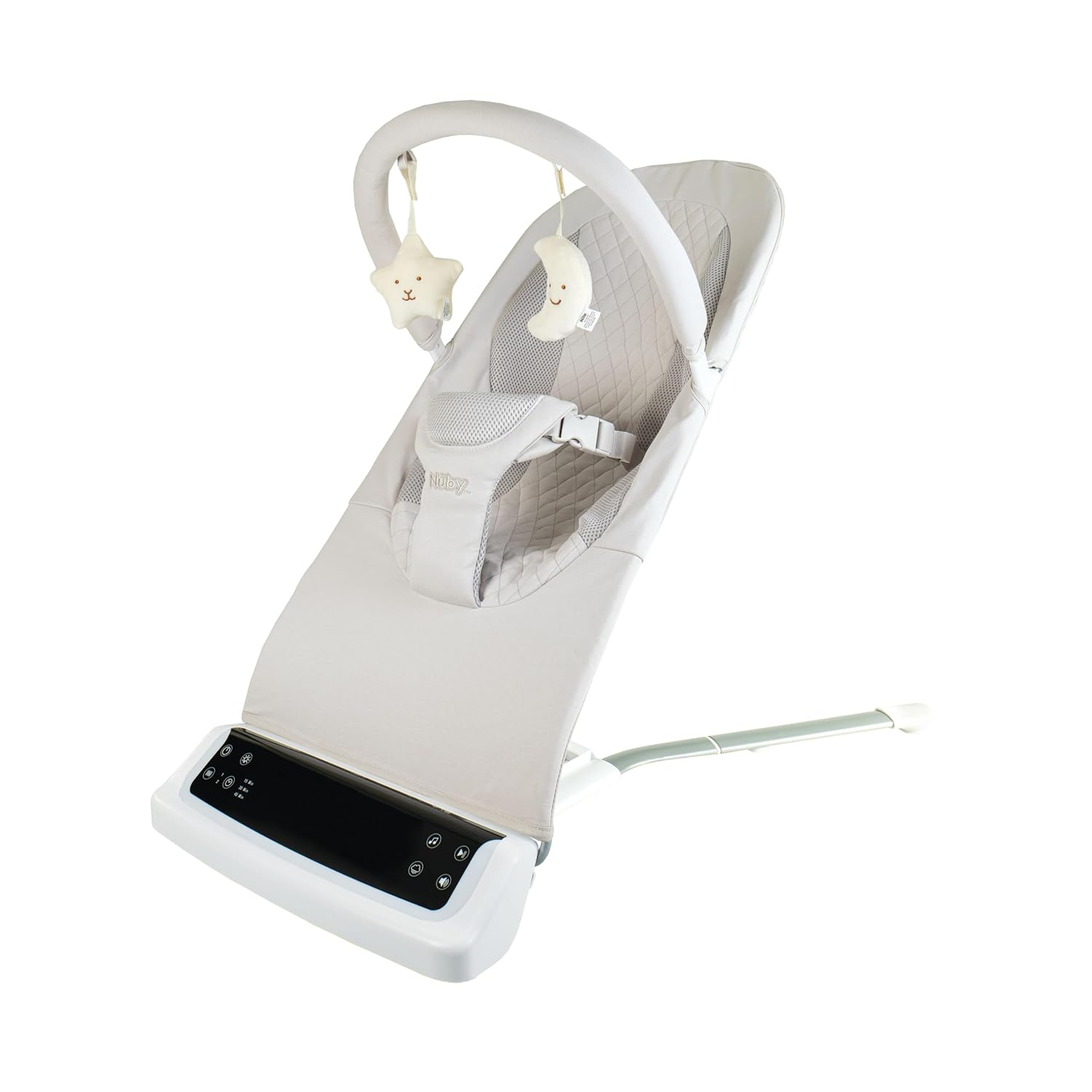 Nuby Deluxe Baby Bouncer Seat – Portable Infant Bouncer with Music, Fun Sounds, and Soothing Vibrations – Digital Display – 0-6 Months – Beige