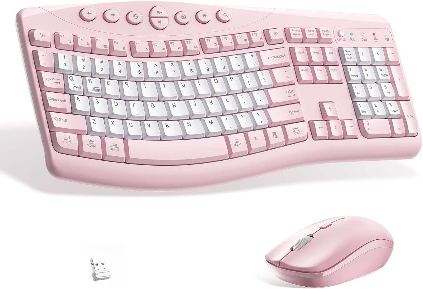 Wireless Keyboard and Mouse Combo,2.4G Full Size Ergonomic Curved Silent Keyboard with Fn Multimedia Keys for Office and Home, 3-DPI Quiet Mouse for Windows,Mac OS Desktop/Laptop/PC (Light Pink-B)