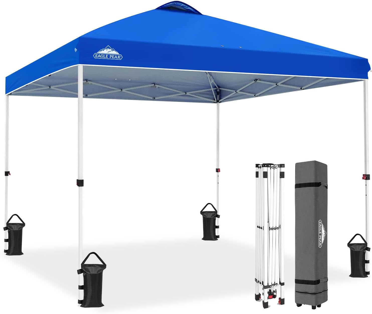 EAGLE PEAK Pop Up Canopy Tent with Wheeled Carry Bag, 8 Stakes, 4 Ropes, 4 Weight Bags, Easy Set Up Tent Canopy, 10×10 ft, 100sqft of Shade, Blue