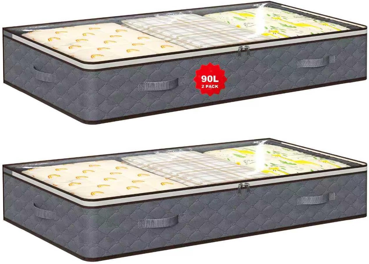 90L Under Bed Storage Containers,2-Pack Closet Organizer Storage Bins,Grey | for Organization and Storage Clothes, Shoes, Blankets & Pillows,Visible Transparent Top Storage Bins with Lids