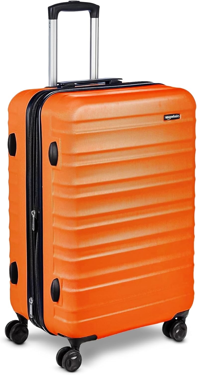 Amazon Basics 26″ Hardside Medium Checked Luggage, Expandable Hardshell Suitcase with Wheels, Scratch-Resistant Surface, Four Multi-directional Wheels, Orange