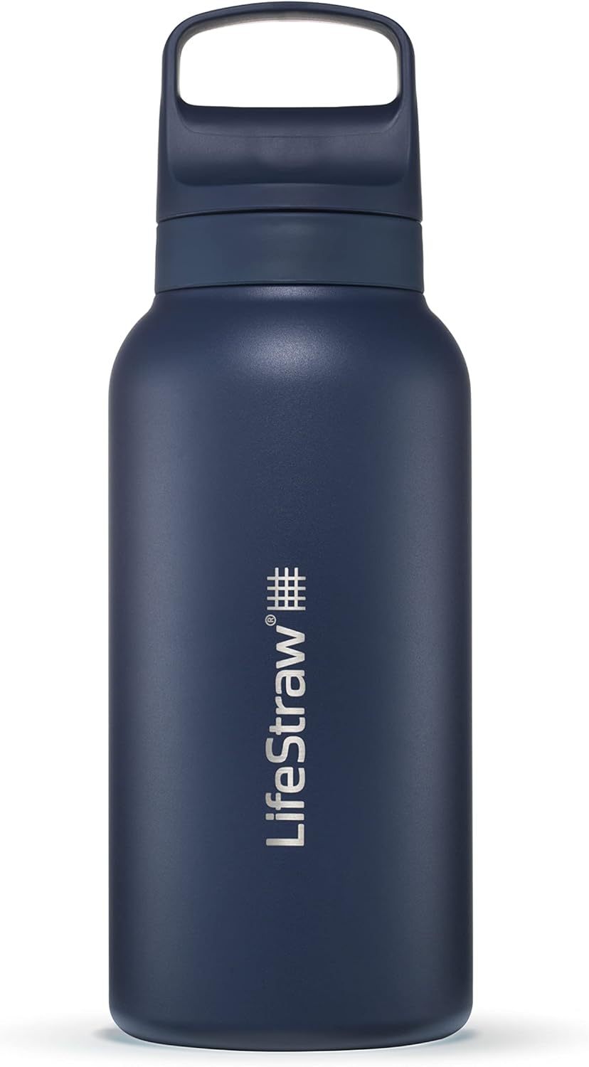LifeStraw Go Series — Insulated Stainless Steel Water Filter Bottle for Travel and Everyday Use removes Bacteria, Parasites and Microplastics, Improves Taste, 1L, Aegan Sea