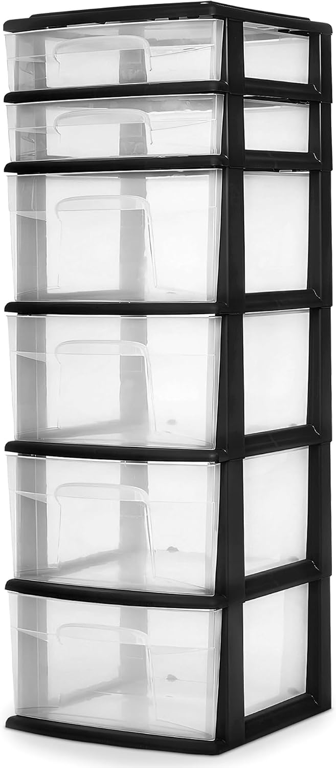 HOMZ Drawer Tower, 6-Tier Clear Plastic Storage Organizer Cart, Black Frame – Heavy-Duty Organizing Drawers for Home, Bedroom, and Closet Organization