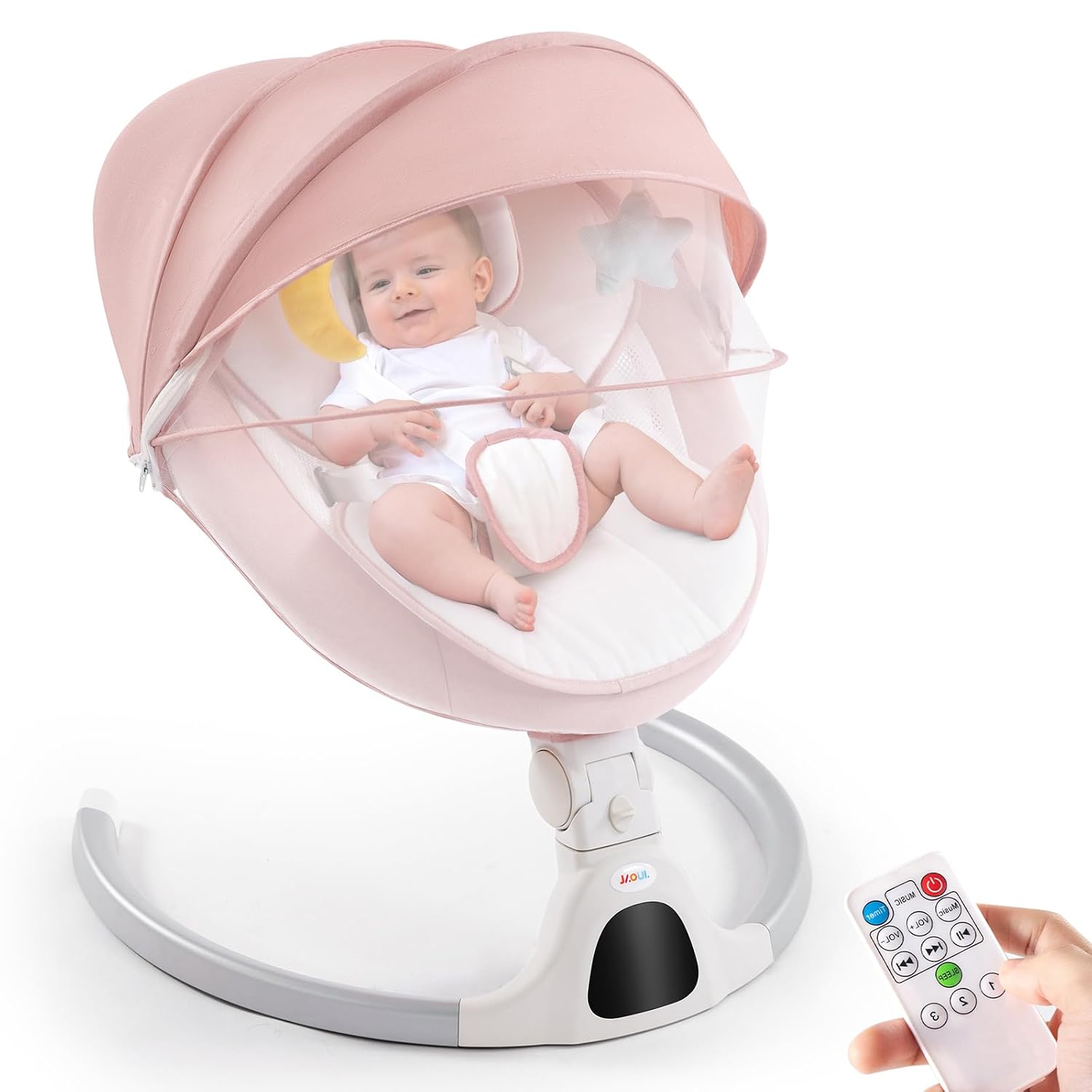 Jaoul Baby Swing for Infants – Electric Portable Newborn Bouncer, Timing Function, 5 Speeds, 3 Seat Positions for Boys and Girls (Pink)