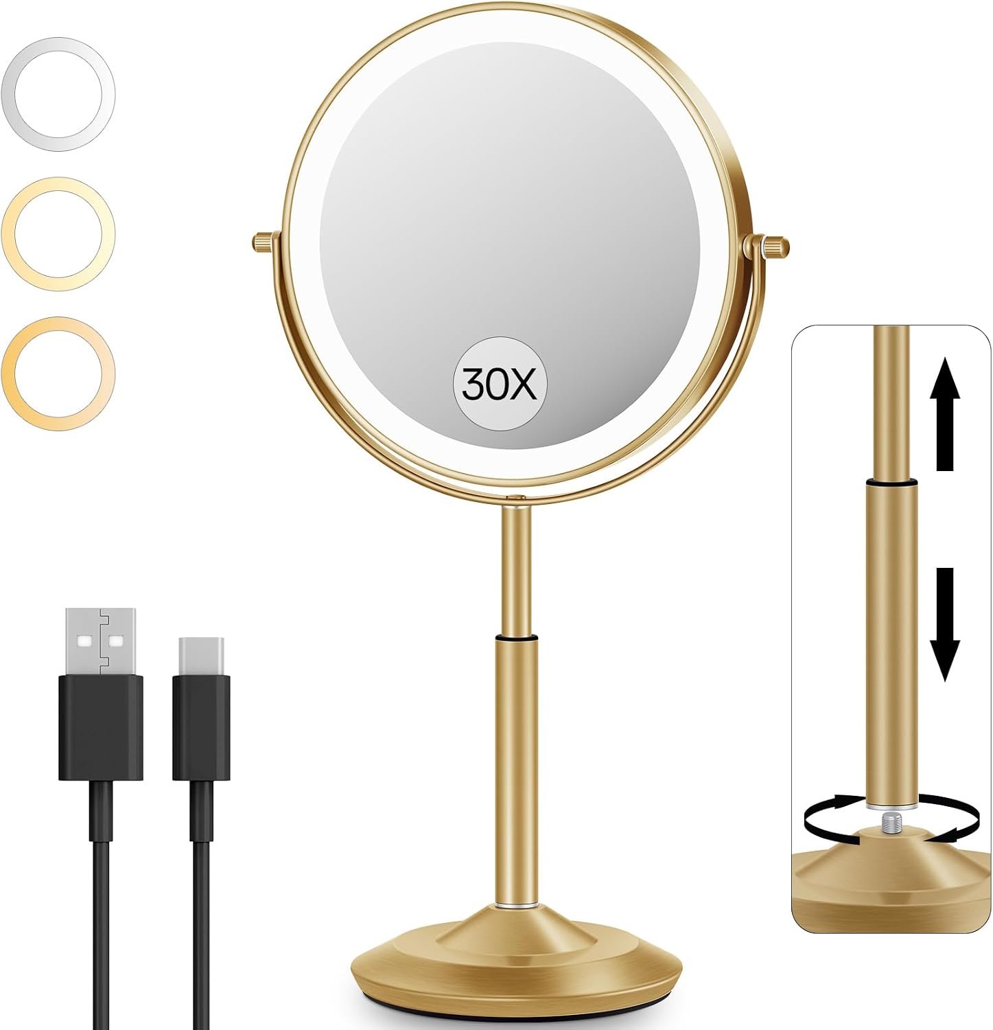 VFD 30X/1X Makeup Mirror with Lights, Height Adjustable Lighted Magnifying Vanity Mirror with 3 Lighting and Adjustable Brightness, 3000mAh Rechargeable Double Sided Switch for Desk Women Gift