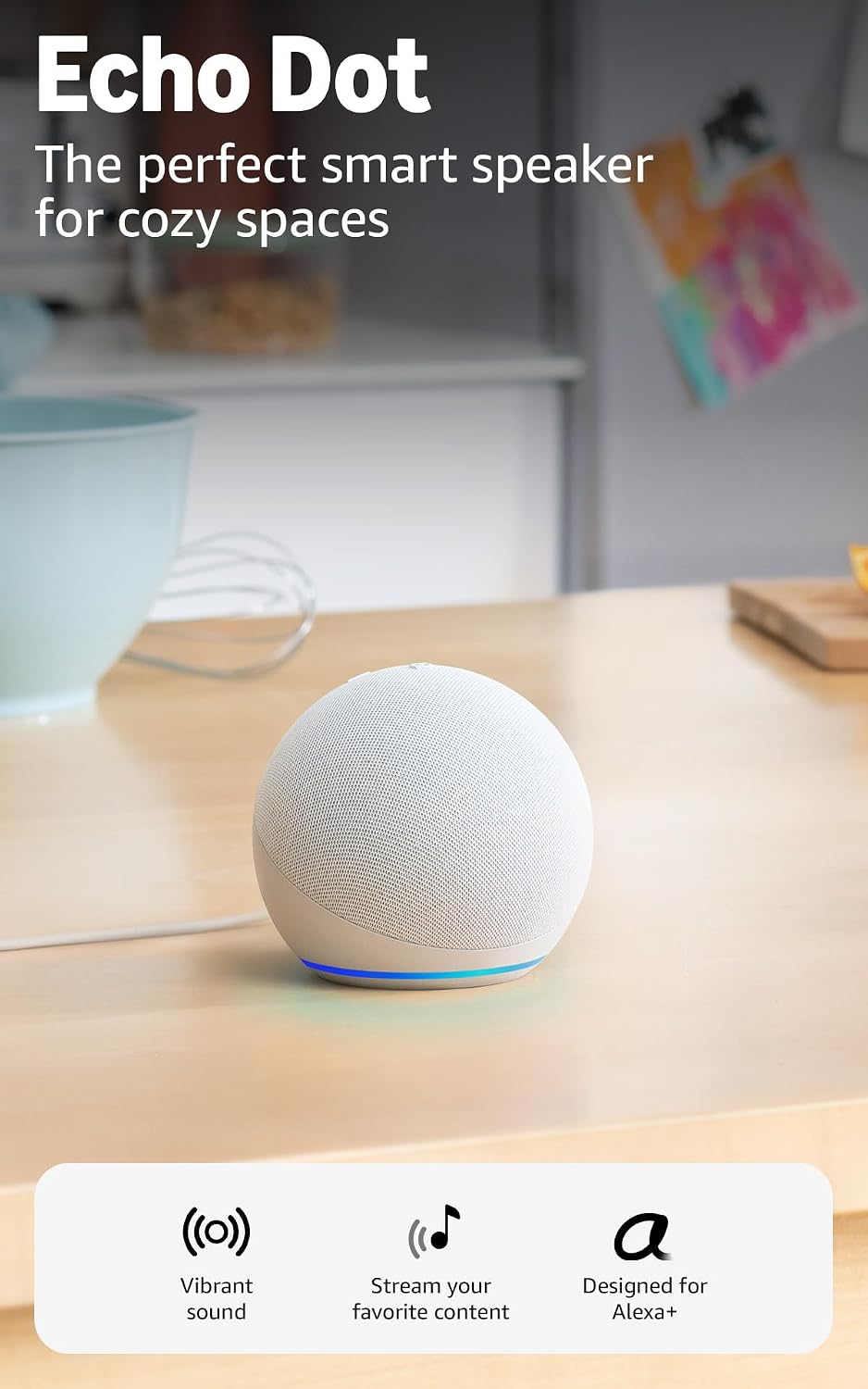 Amazon Echo Dot (newest model) – Vibrant sounding speaker, Designed for Alexa+, Great for bedrooms, dining rooms and offices, Glacier White