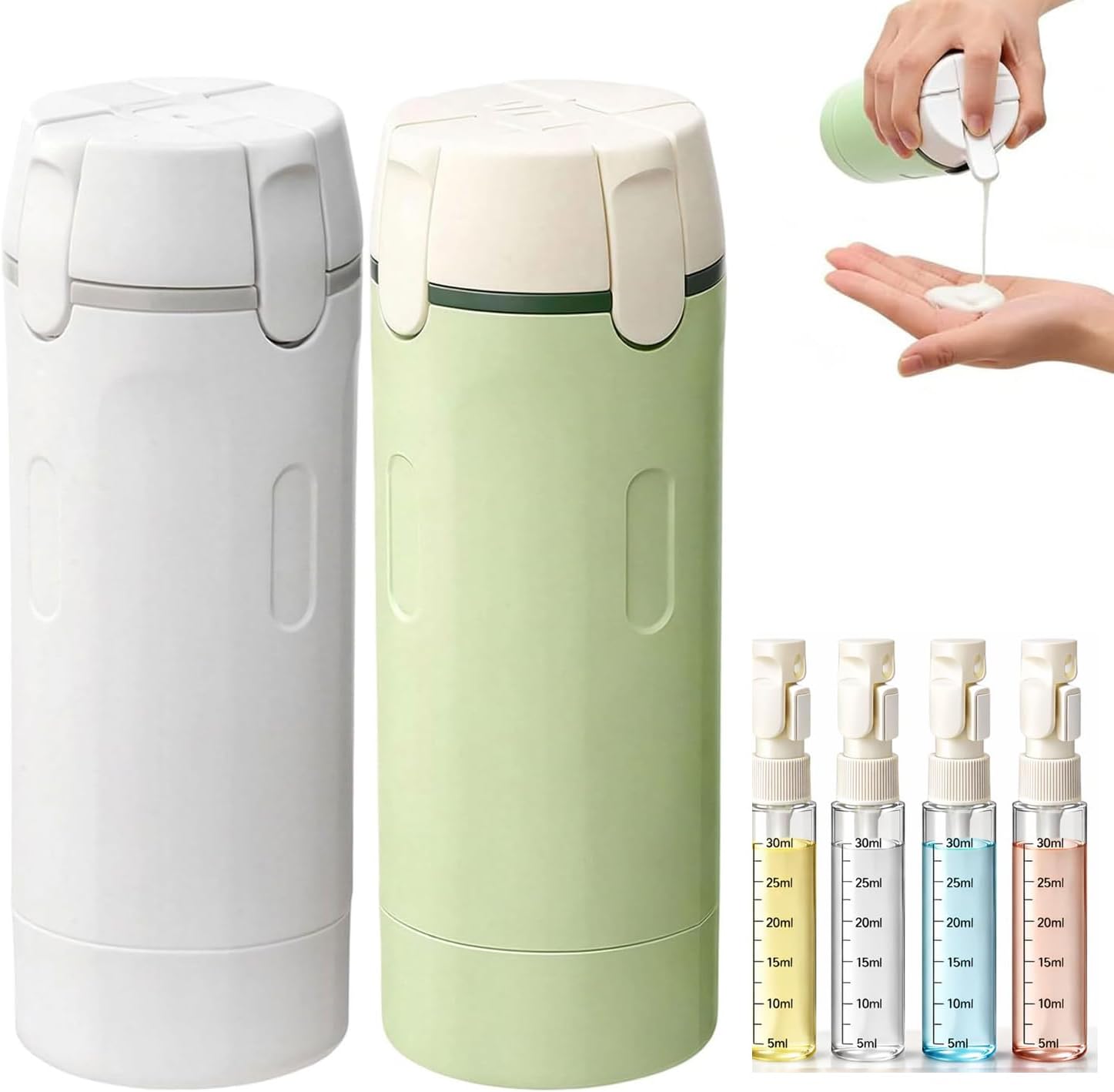 4 in 1 Travel Dispenser Bottle,Leak Proof Refillable Bottles Store Shampoo, Lotion and More,Transparent with Scale, Easy Squeeze Use, Lightweight & Portable Perfect for Travel,Gym,Camping (MIX-2Pcs)