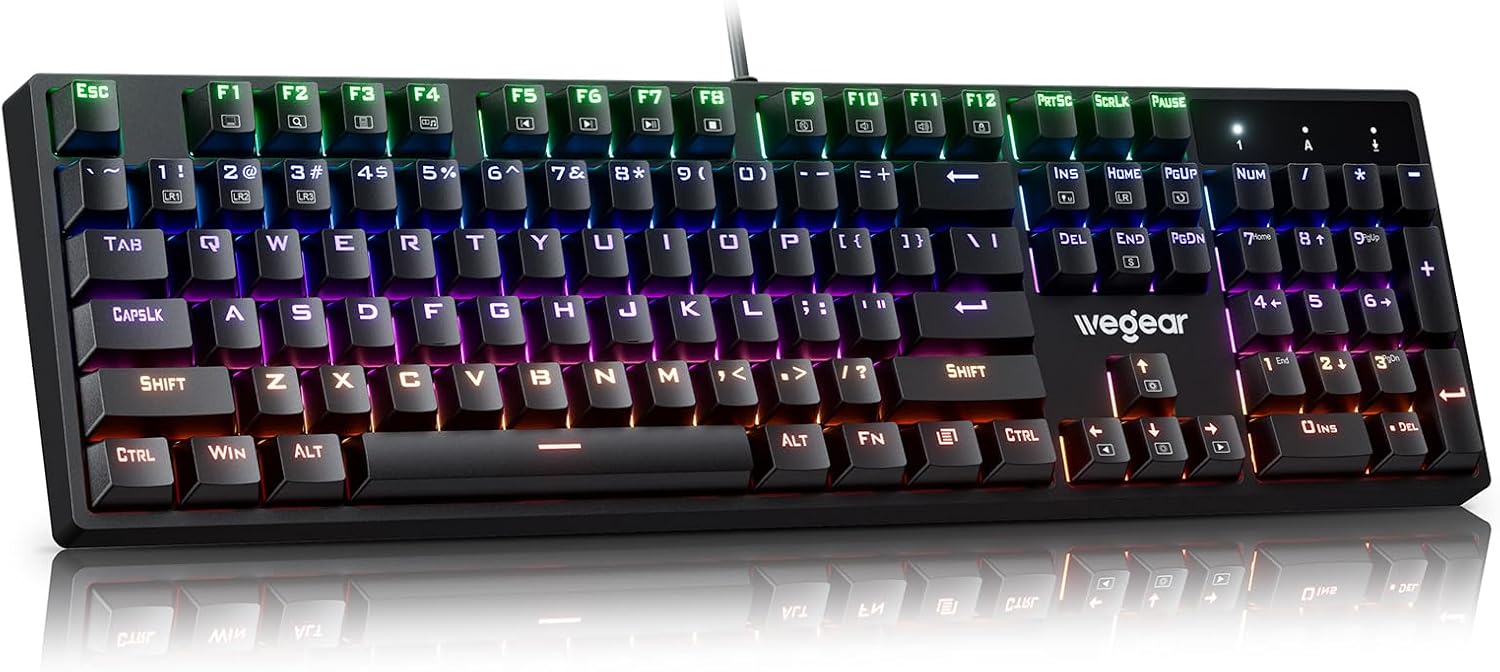 wegear Mechanical Gaming Keyboard with Clicky Switch, 104-Key Full Size RGB Backlit Wired Keyboard（11 Modes, Anti-Ghosting, Double-Shot ABS Keycaps, Lighted Computer Key-Board for PC Windows-Black