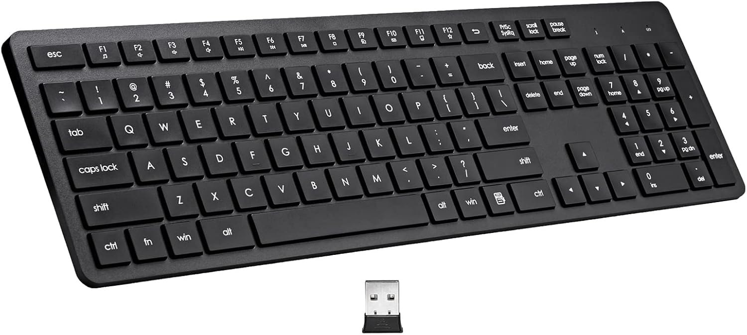 Harburfine Wireless Keyboard, 2.4G USB External Silent Cordless Keyboard for Windows Chrome Laptop Computer PC Desktop Notebook Chromebook, Quiet 106 Keys Full Size with Number Pad (Black)
