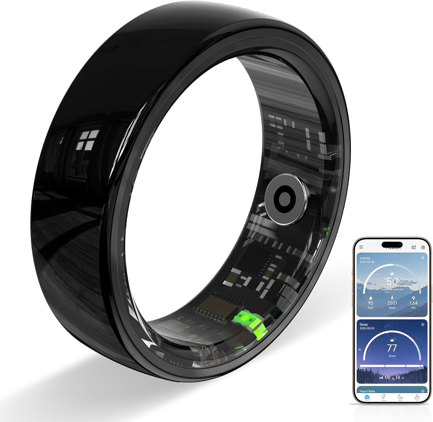 Ceramic Smart Ring Health & Fitness Tracker for Men & Women, Heart Rate & Sleep & Activity Monitoring, Long Lasting Battery, IP68 Waterproof Ring for iOS & Android, No Subscription Fee (Black, #9)