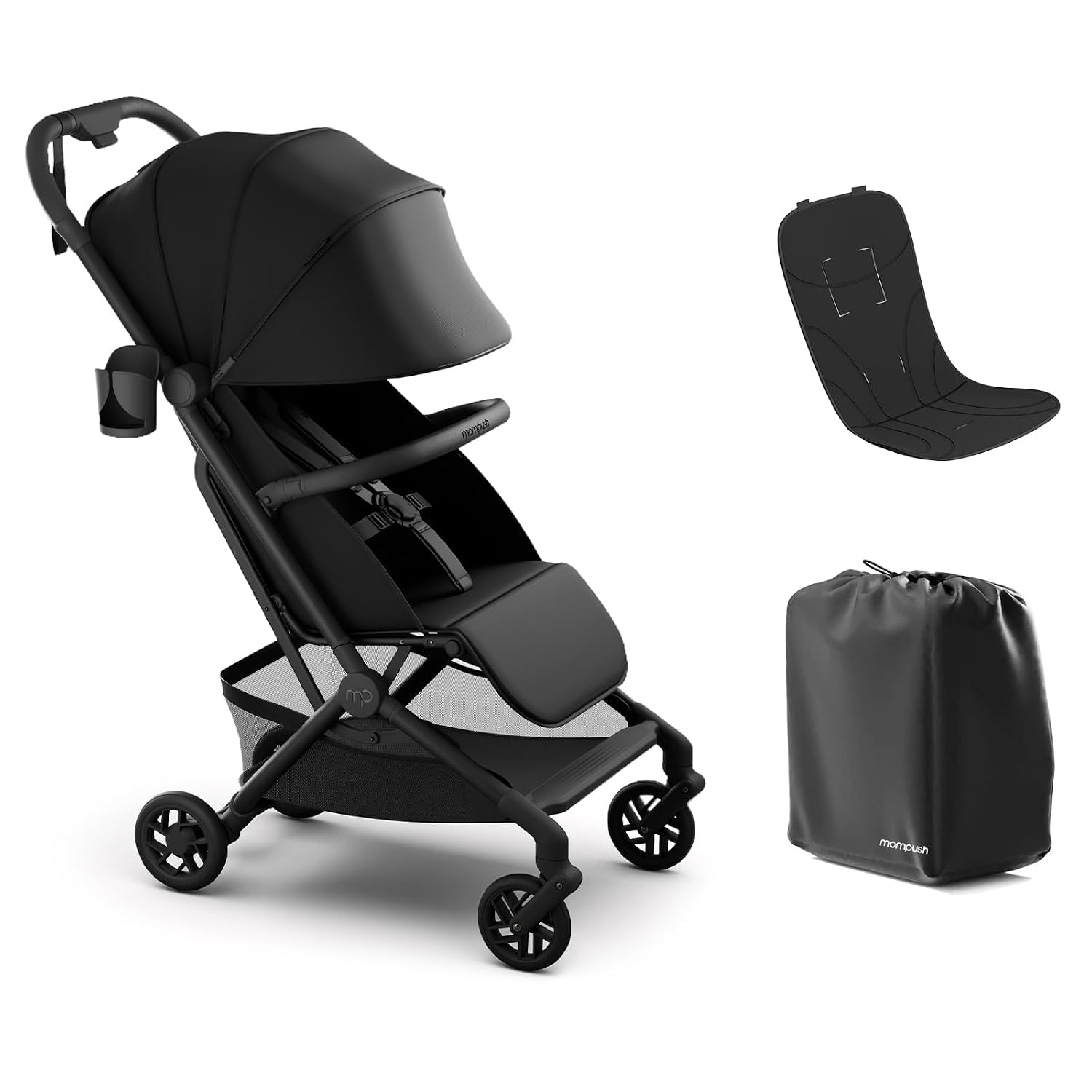 Mompush Velo Compact Travel Stroller One Second Fold | Airplane carry-on approved, near-flat recline, magnetic harness, leather bumper bar, UPF 50+ for newborns to toddlers