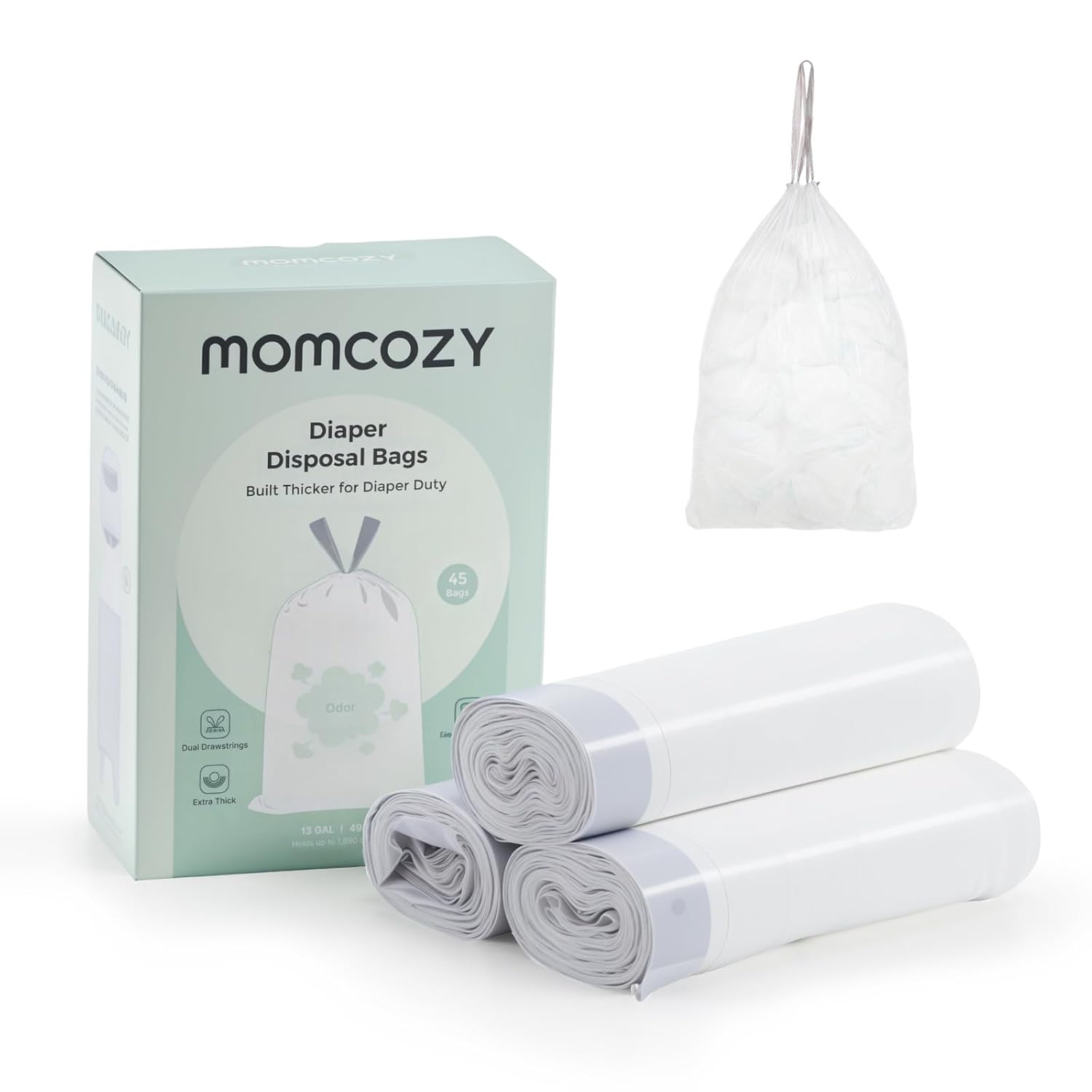 Momcozy 13 Gallon Drawstring Diaper Pail Bags, 45 Count Trash Bag Refills, 3 Rolls x 15 Bags, Compatible with Momcozy Diaper Pail, Ultra-Thick Disposable Diaper Disposal Bags for Nursery
