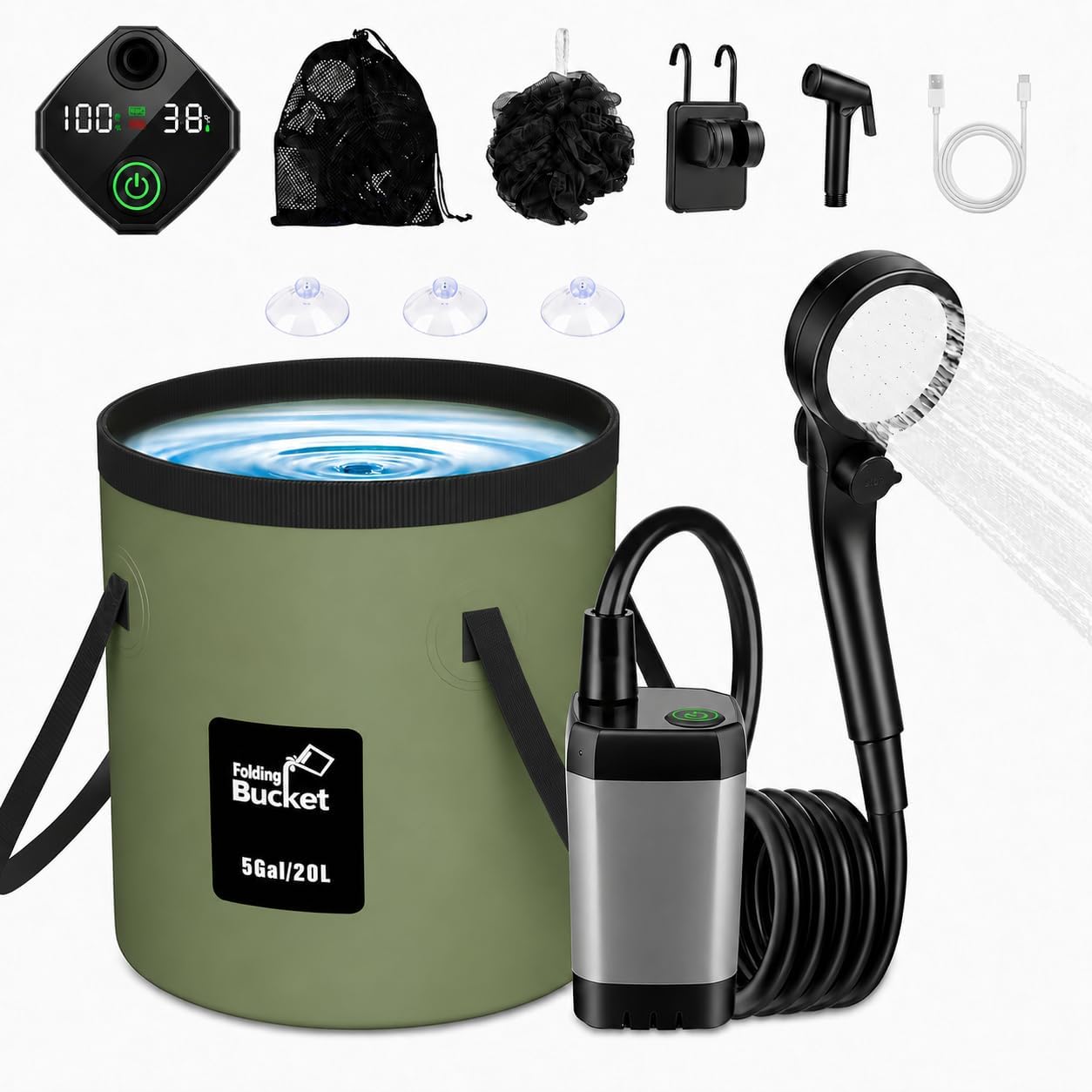 Portable Shower for Camping, 6000mAh Rechargeable Camping Shower with Intelligent LED Display, Foldable Bucket, 4 Spray Modes, IPX7 Waterproof Outdoor Camp Pump for Hiking, Travel, Car, Pet
