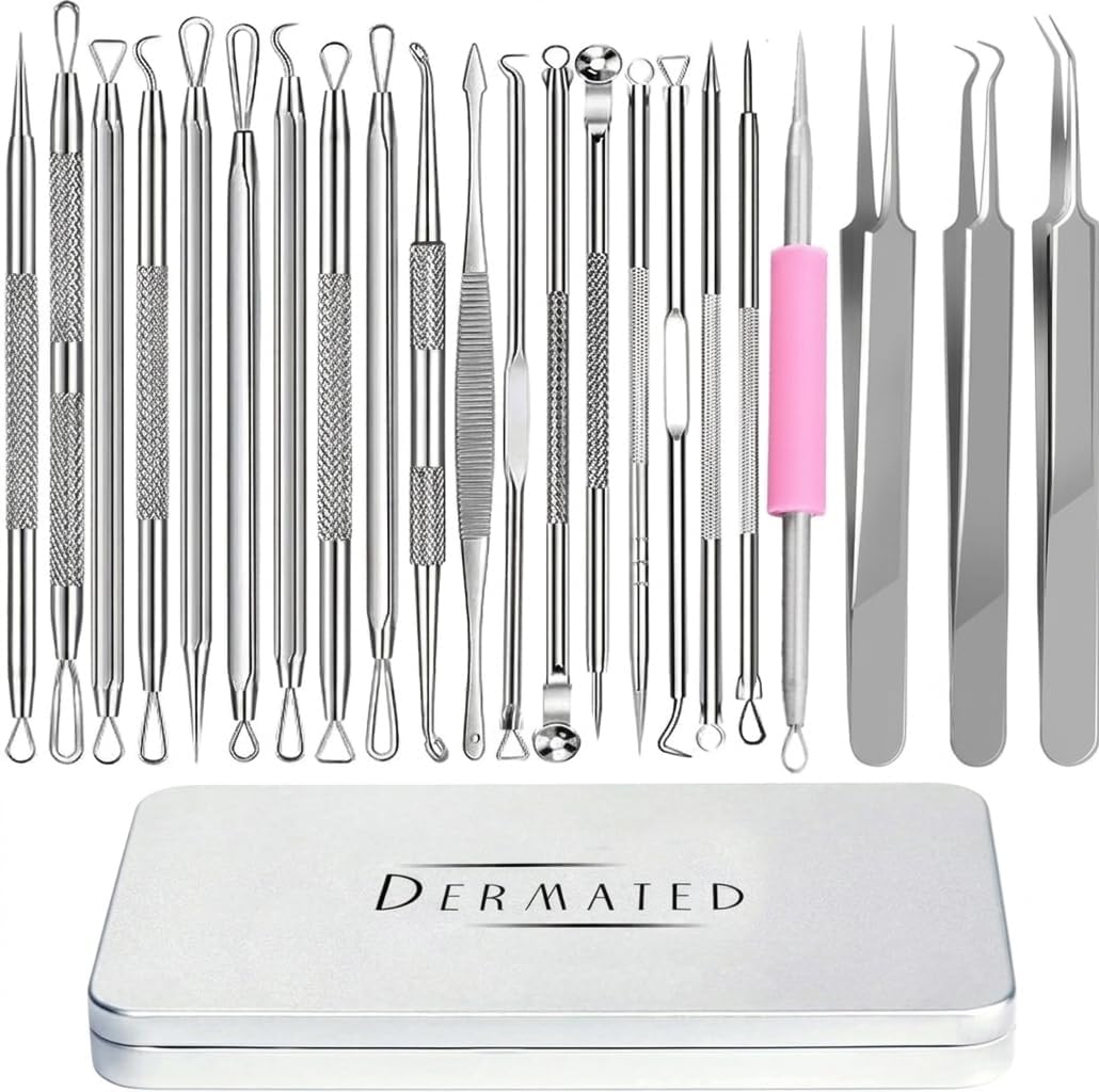 22 Pcs Pimple Popper Tool Kit 410 Stainless Steel Blackhead Remover Tools, Pimple Extractor Tool Kit for Blackheads, Blemish, Comdone, Acne, Zit, and Whiteheads for Face & Nose