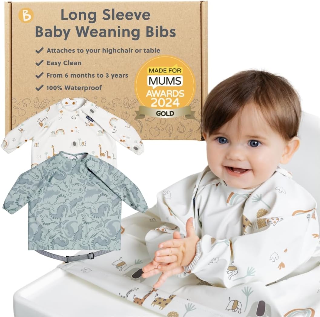 BIBaDO – Long Sleeve Baby Bibs – Babies & Toddlers 6-36 Months – Coverall Baby Led Weaning Bib – Easy Wipe, Soft & Waterproof