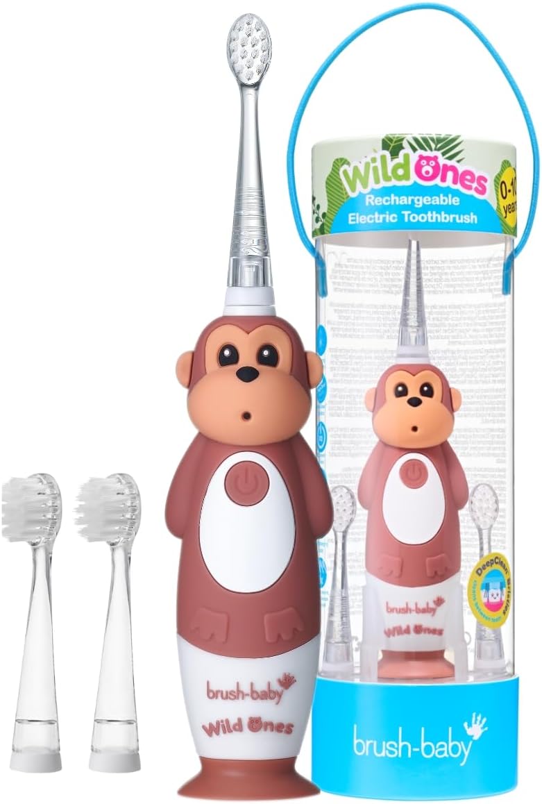 BrushBaby – WildOnes – Kids Rechargeable Electric Toothbrush, Ages 0-10 – Monkey Design with Flashing Lights – DeepClean Bristles for Superior Cleaning – 2 Replacement Brush Heads, 1 USB Cable