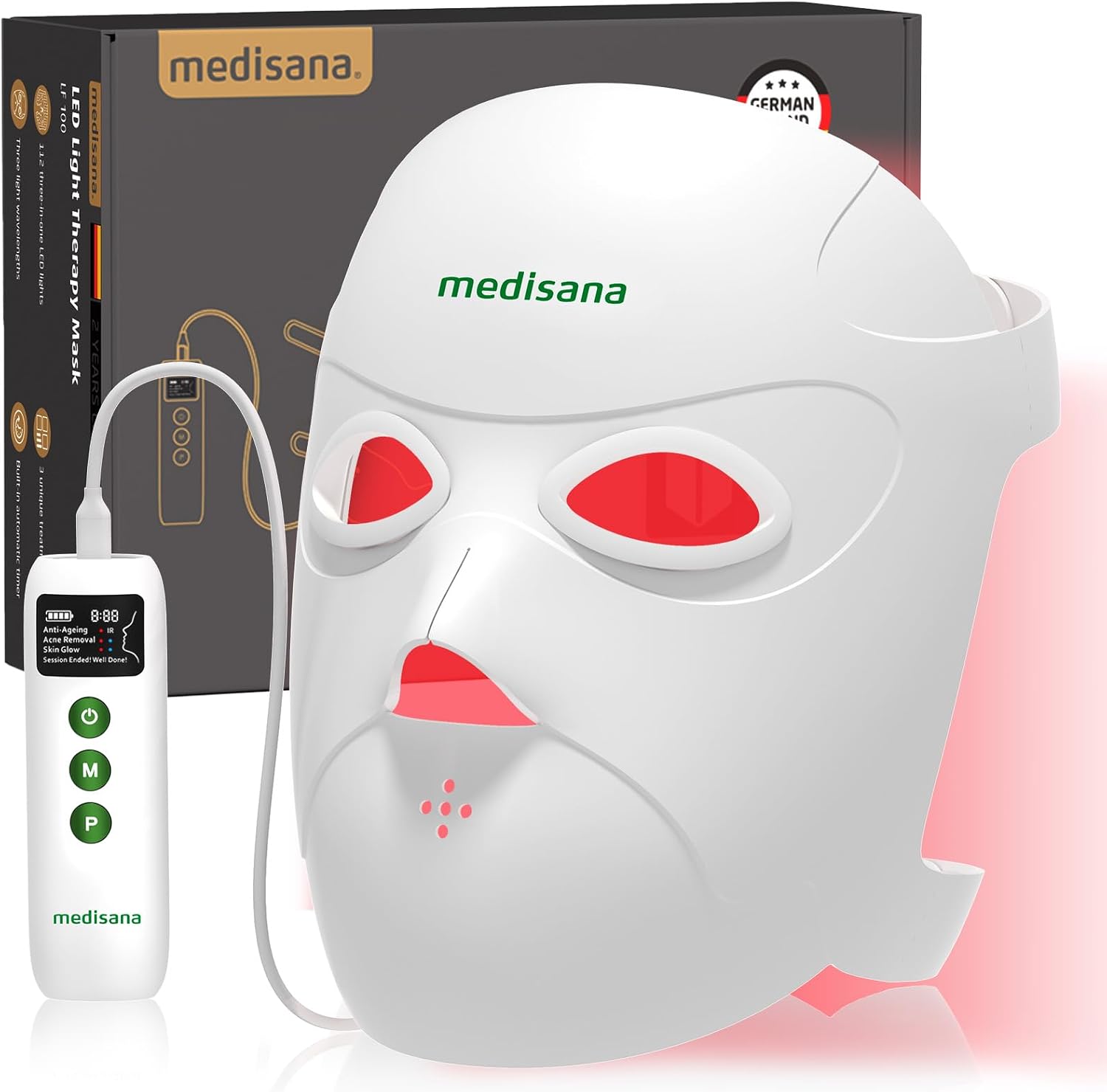 Medisana 3D Red Light Therapy for Face, 336 LEDs with 3 Modes – NIR 830nm, Red 630nm, Blue 415nm – 3D Ergonomic Silicone Design, Cordless & Rechargeable LED Face Mask, Skincare Gifts for Women