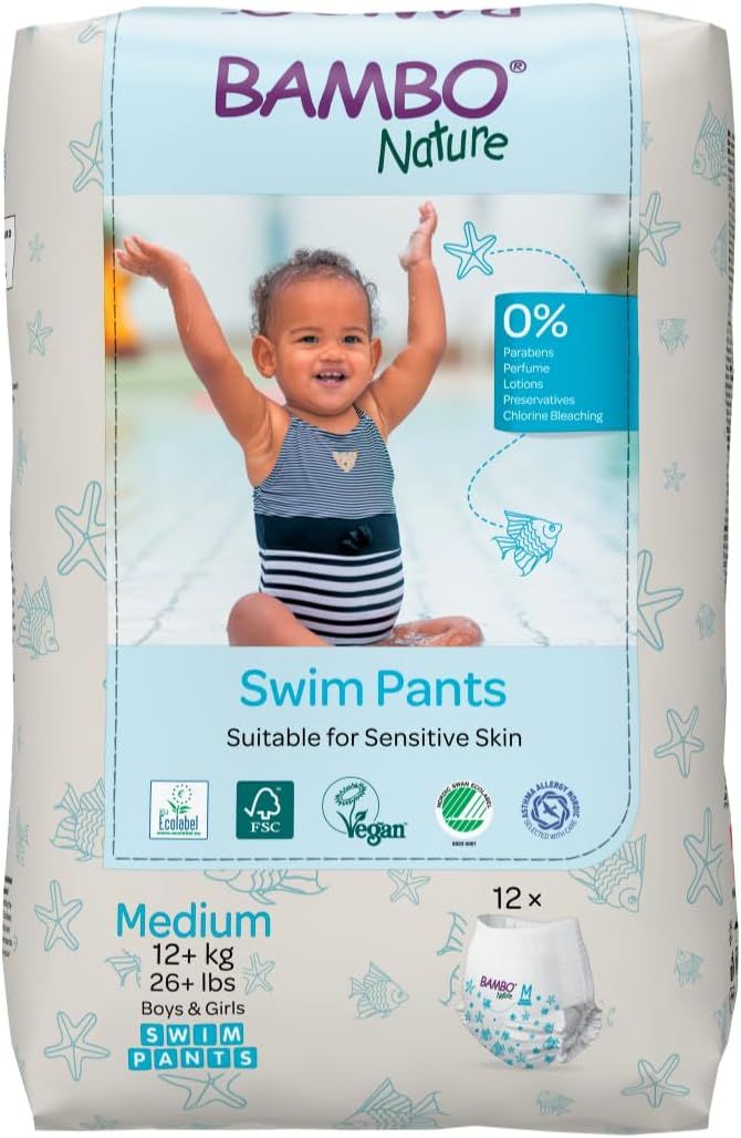 Bambo Nature Hypoallergenic Swim Pants, Eco-Labeled Swim Diapers, Double Leak Barriers – Medium (12 Count)