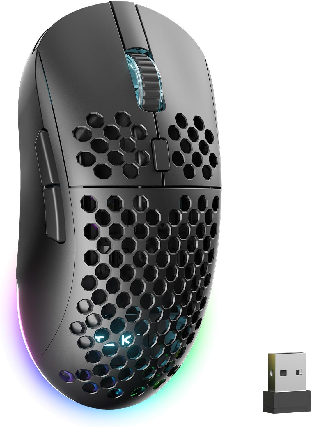 TMKB Wireless Gaming Mouse, 24000DPI Optical Sensor, 180Hrs Battery, Lightweight, 6 Programmable Buttons, RGB Strip, 2.4G/BT5.2/USB-C Wired for PC/Mac/Laptop – Matte Black