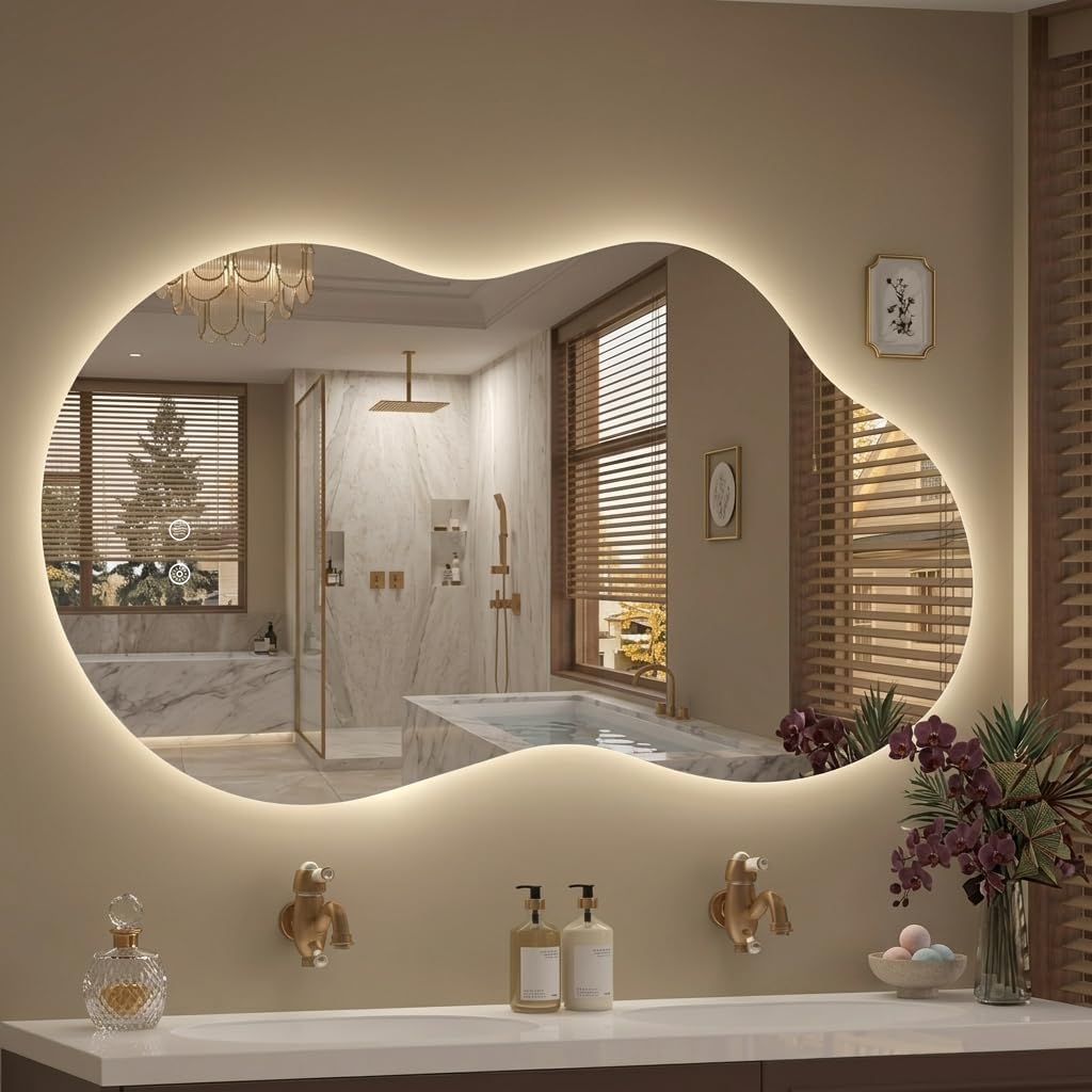 Irregular LED Mirror with Lights 40×24 Inch Backlit Asymmetrical Bathroom Mirrors for Wall Cloud Lighted Vanity Mirrors Shatterproof, Anti-Fog, Dimmable, 3 Colors (Horizontal/Vertical)