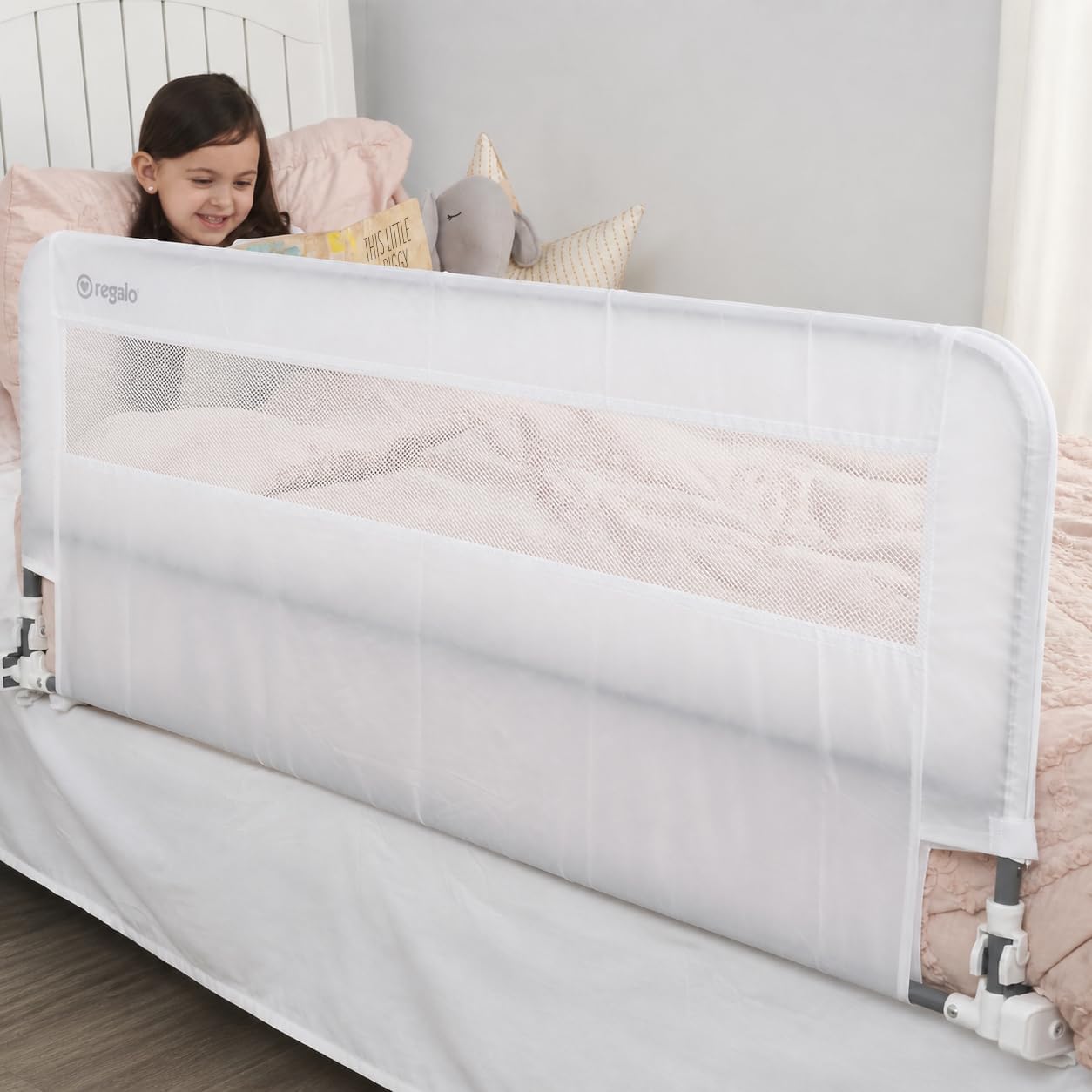 Regalo Safety 54” Extra Long Hideaway Bed Rail Guard for Toddlers, Toddler Bed Rail with Reinforced Anchor Safety System, 20” Tall Bed Safety Rail, Fits Twin, Full & Queen Beds