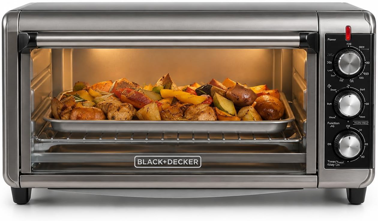 BLACK+DECKER TO3250XSBD 8-Slice Extra Wide Convection Countertop Toaster Oven, Includes Bake Pan, Broil Rack & Toasting Rack, Stainless Steel/Black