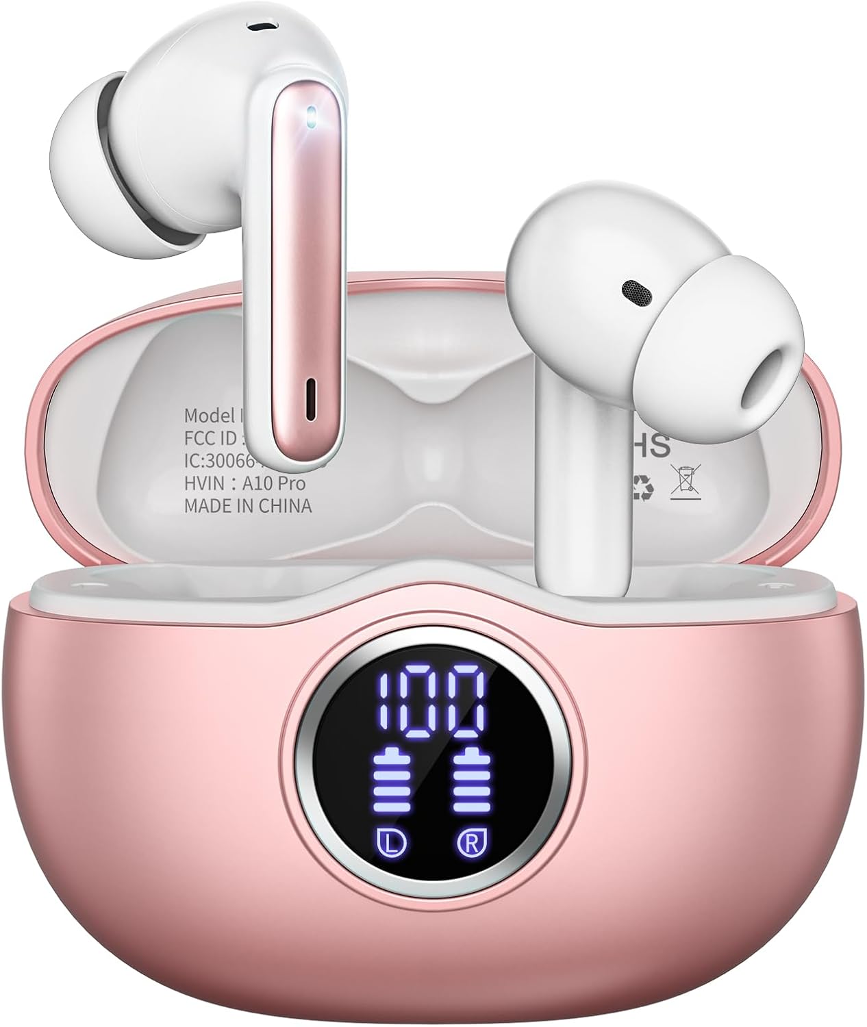 A10 Pro Wireless Earbuds Bluetooth 5.3 HiFi Stereo, 50H Playback LED Digital Display Earphones, ENC Noise Cancelling Mic, Ergonomic Sport Headphone Headset for Gym/Running/Work – Rose Gold