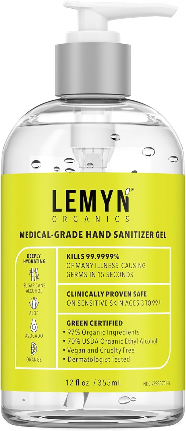 Lemyn Organics Medical‑Grade Hand Sanitizer Gel – 97 % Organic | 70 % USP Ethyl Alcohol | Moisturizing Aloe + Hyaluronic Acid | Freshly Made in USA | 12oz Bottle with Pump